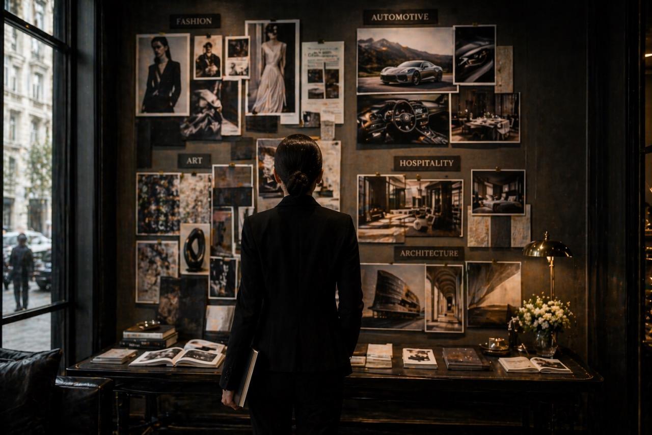 A person standing in front of a wall covered with mood board images labelled fashion, automotive, art and architecture.