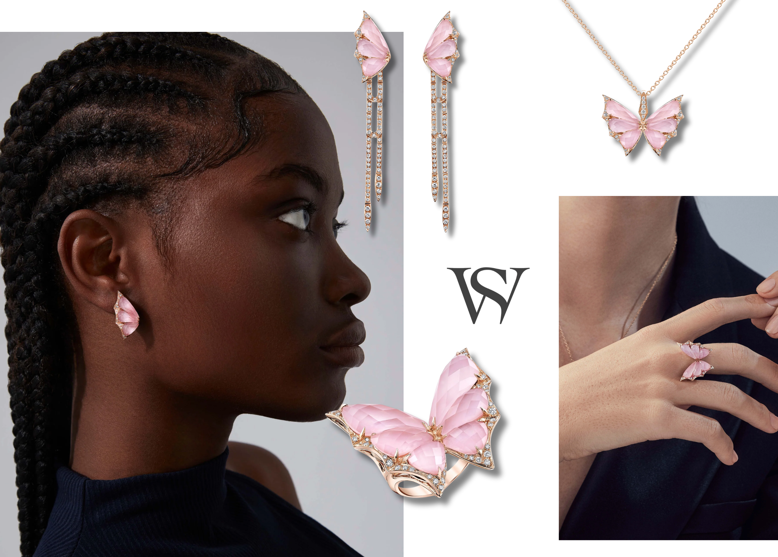 set with Pink Opal Crystal Haze and White Diamond pavé, inspired by nocturnal creatures of the night