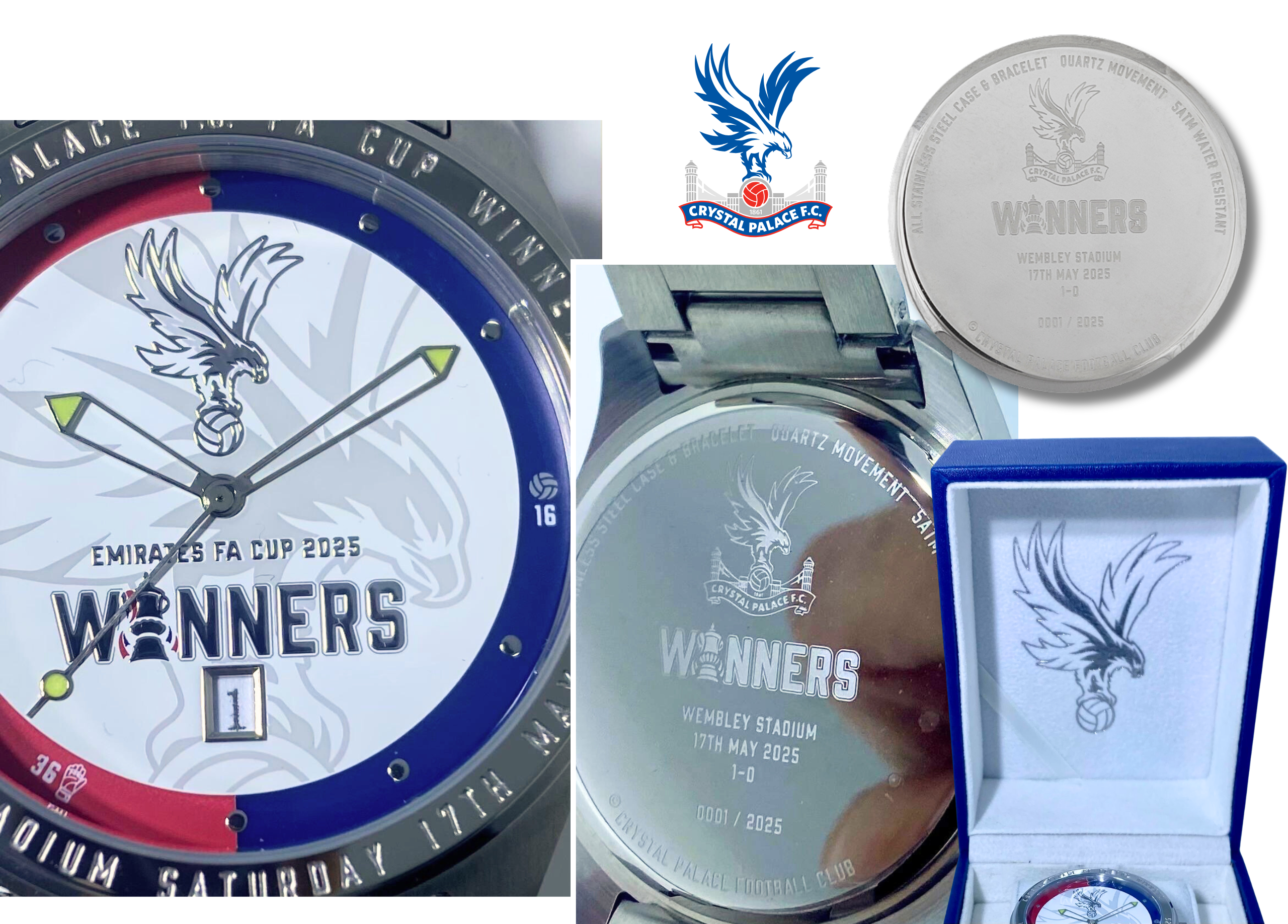 Match moments marked in time — Eze’s goal at 16 mins, Henderson’s penalty stop at 36. Individually numbered case back and deluxe presentation box complete the story