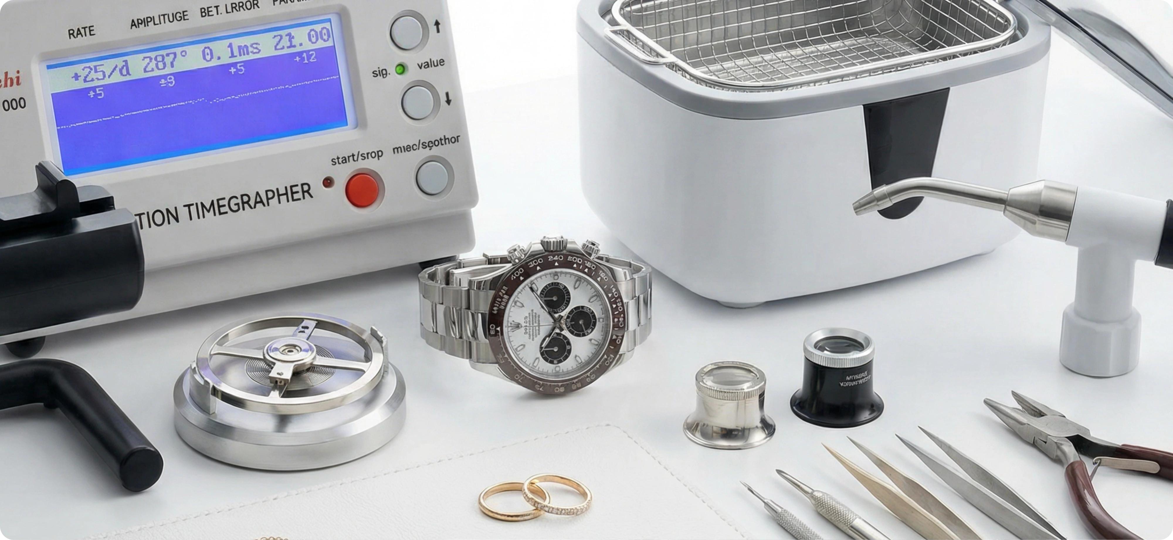Luxury chronograph watch surrounded by a timegrapher, ultrasonic cleaner, magnifiers and jewellery repair tools on a workshop bench.