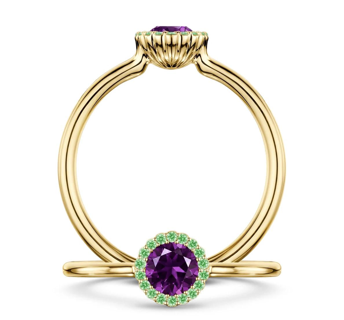 Front and side views of an 18-carat yellow-gold Cannelé Couleur ring with a round purple amethyst surrounded by green tsavorites