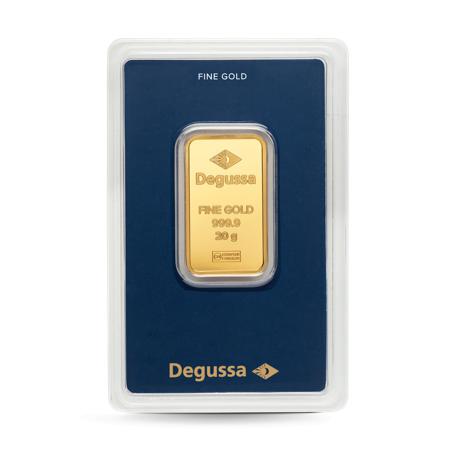 Degussa 2.5 gram fine gold bar in a blue certified presentation car