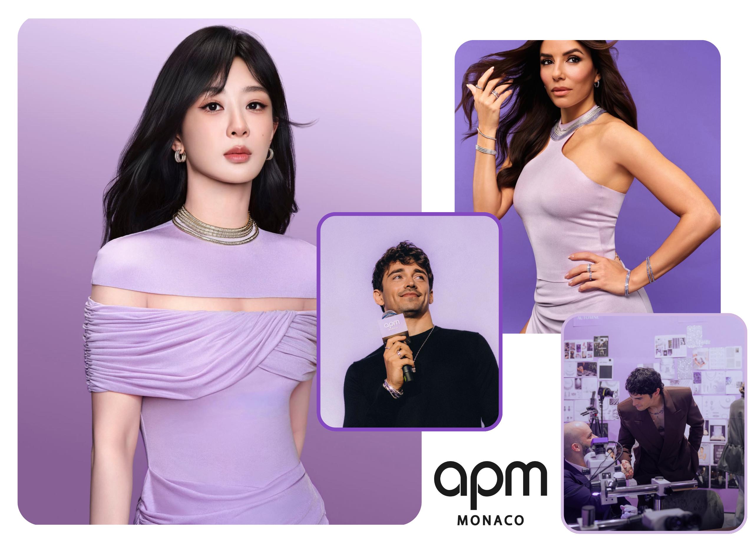 Yang Zi, Charles Leclerc and Eva Longoria wearing jewellery from APM Monaco’s Printemps collection against pastel lilac backgrounds.