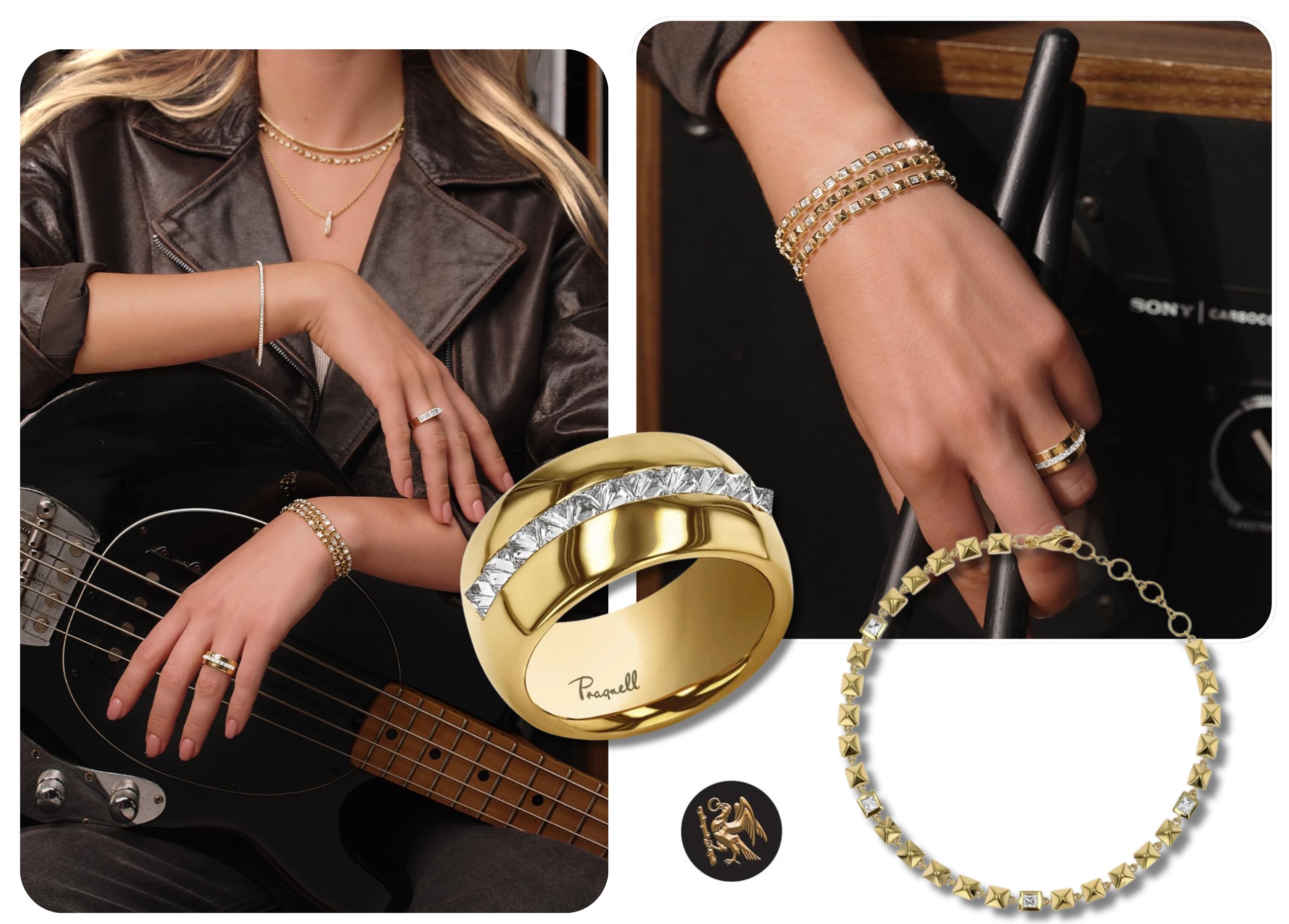 Pragnell RockChic jewellery including a reverse-set diamond ring and gold bracelet worn on the wrist, alongside a studded gold necklace with inverted diamonds.