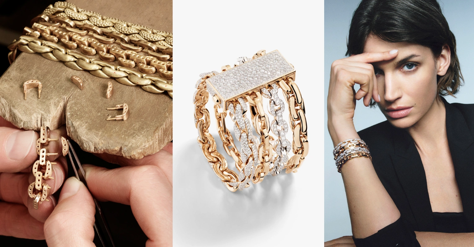Four distinct chains aligned in rose and white gold—two adorned with pavé diamonds