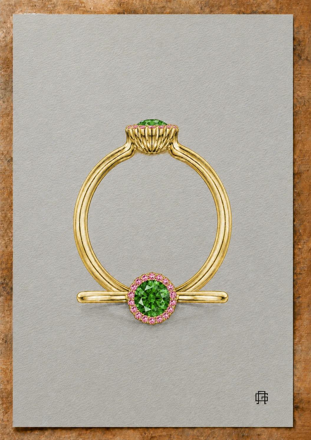 Hand-painted portrait showing front and side views of a yellow-gold Cannelé Couleur ring with a green centre stone and pink gemstone halo