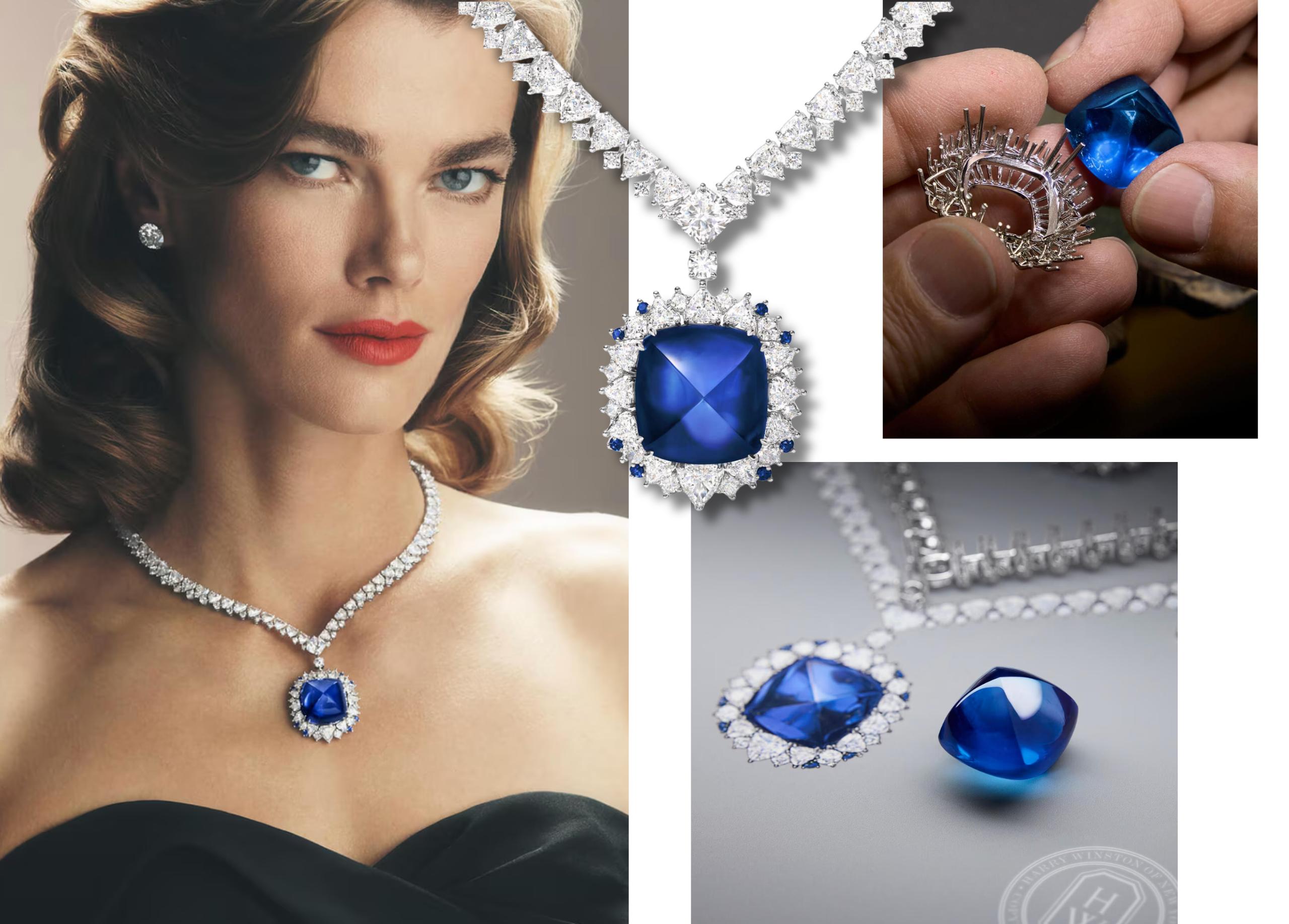 Model wearing Harry Winston’s Cabochon Sapphire Necklace with a large royal blue cabochon sapphire pendant surrounded by diamonds, shown alongside close-up images of the gemstone and craftsmanship process.
