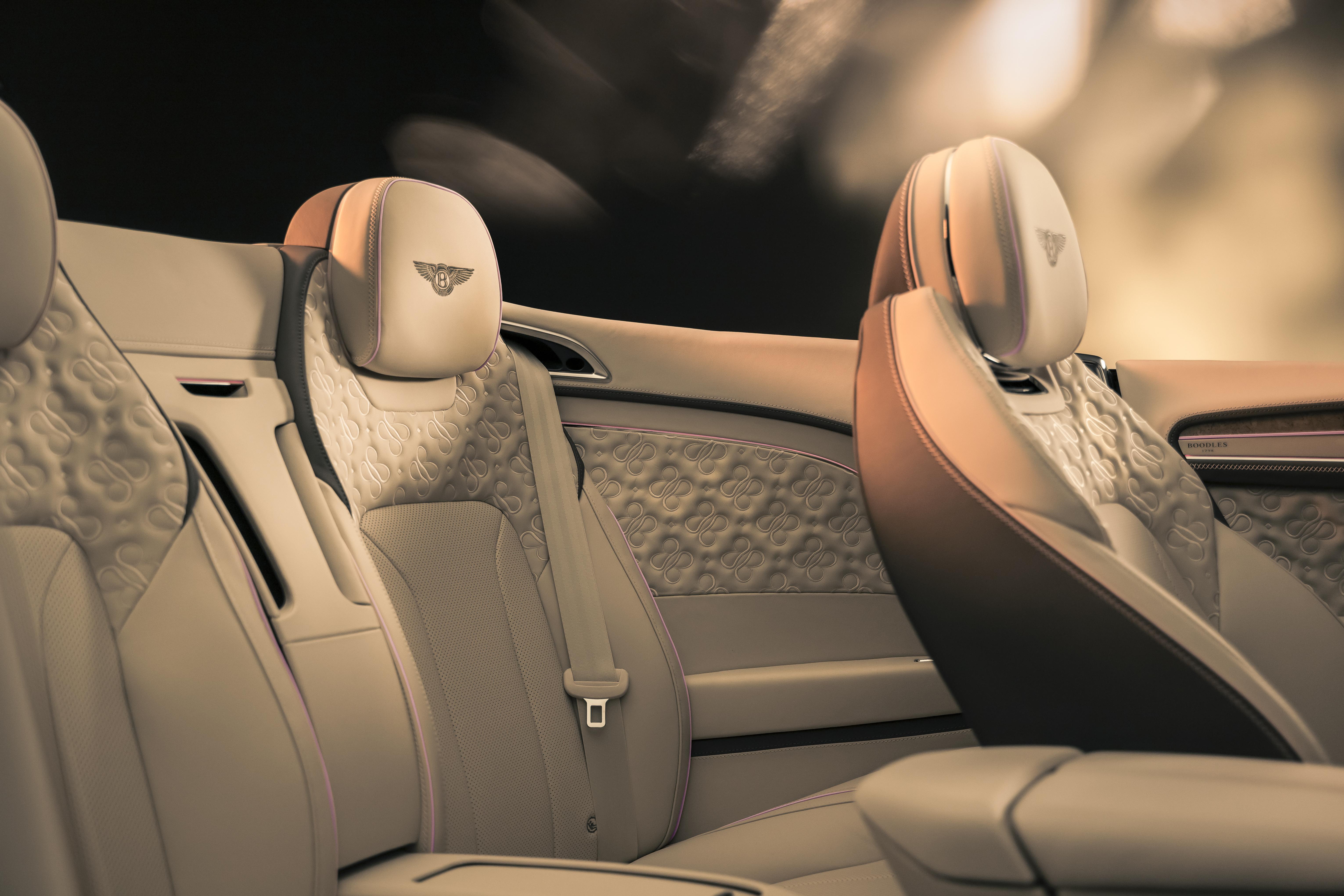 Bentley interior with quilted leather seats and panels featuring the Boodles &lsquo;Be Boodles&rsquo; motif.