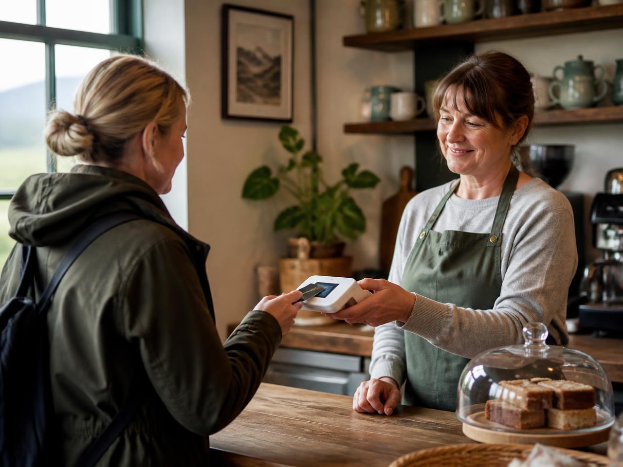Café owner holding a white card terminal as a customer taps a bank card to make a contactless payment across a wooden counter.
