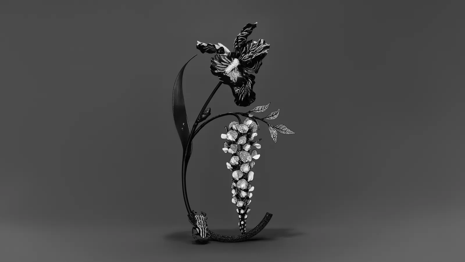 Composition N°3 features an iris, wisteria and stag beetle in diamond-set ceramic, aluminium, titanium and white gold. 4,685 hours of work. Picture courtesy of Boucheron