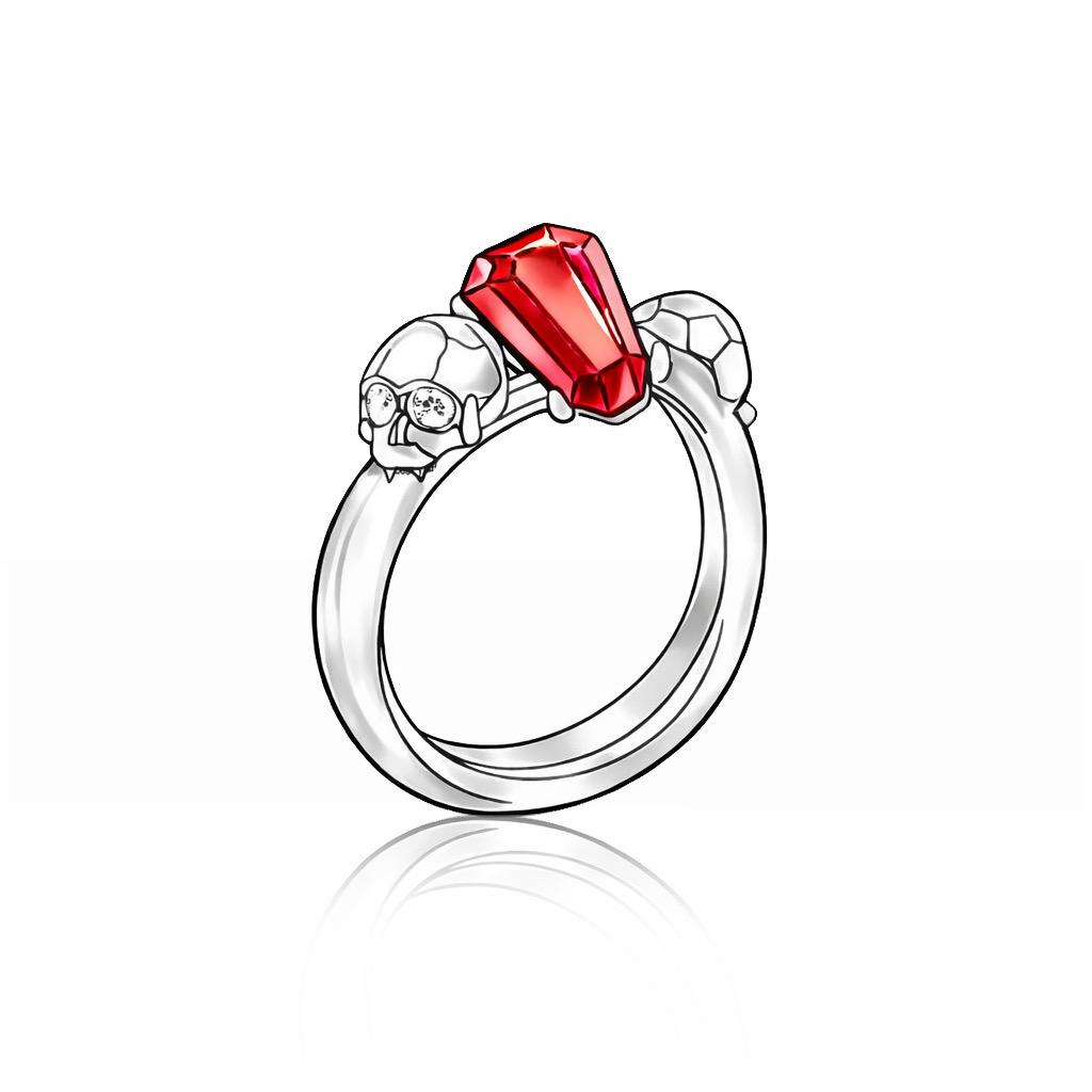 Design illustration of the Till Death white gold engagement ring with a red coffin-cut garnet, diamond-set skulls and pointed geometric shoulders.