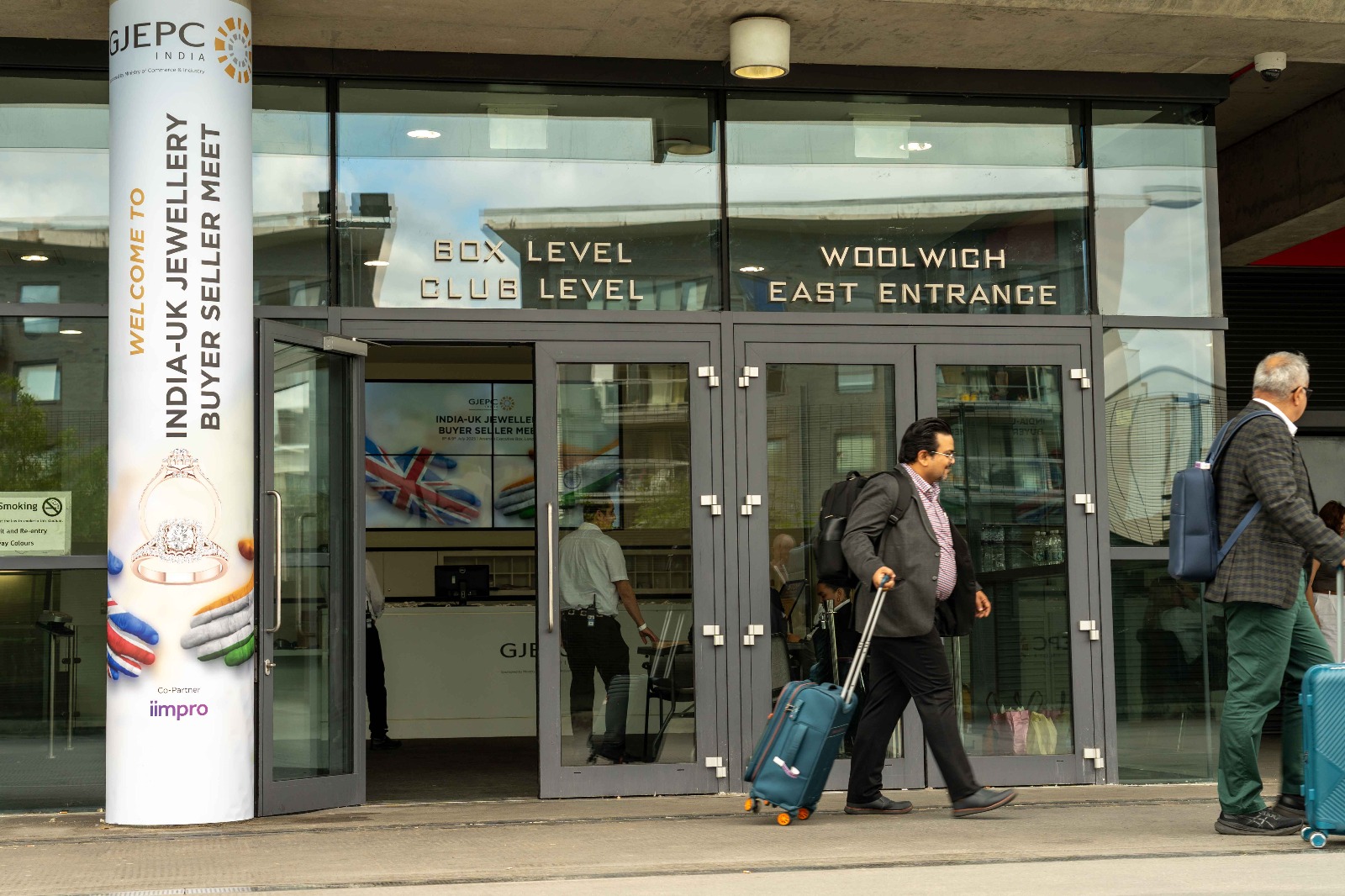 The GJEPC-branded entrance welcomed guests to Emirates Stadium for a landmark India–UK Buyer‑Seller Meet, blending global trade with a world-class setting