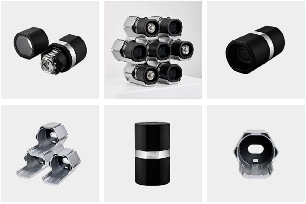 WOLF Rocket travel watch winders arranged with modular docking stations.