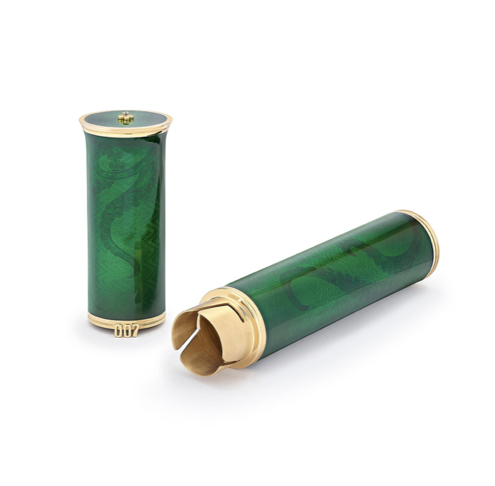 The Fabergé x 007 Octopussy Cigar Case in green guilloché enamel and 18k yellow gold — engraved with tentacles and finished with a 007 insignia. Imagery courtesy of Fabergé.