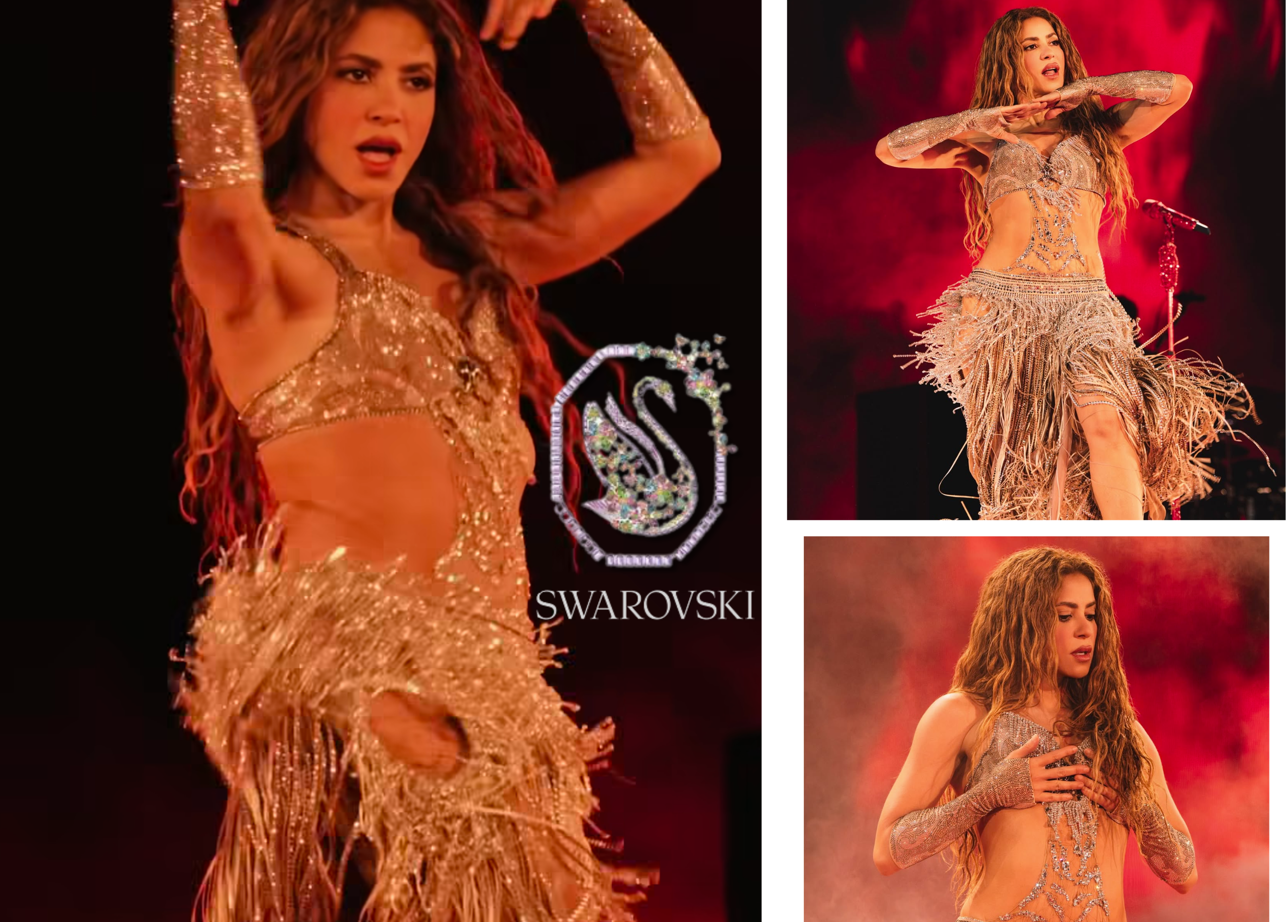 Shakira wears a custom Etro creation on her Las Mujeres Ya No Lloran tour, featuring a paisley motif bralette, gloves, and a multilayered fringe skirt adorned with over 100,000 Swarovski Crystals. Images courtesy of Swarovski.