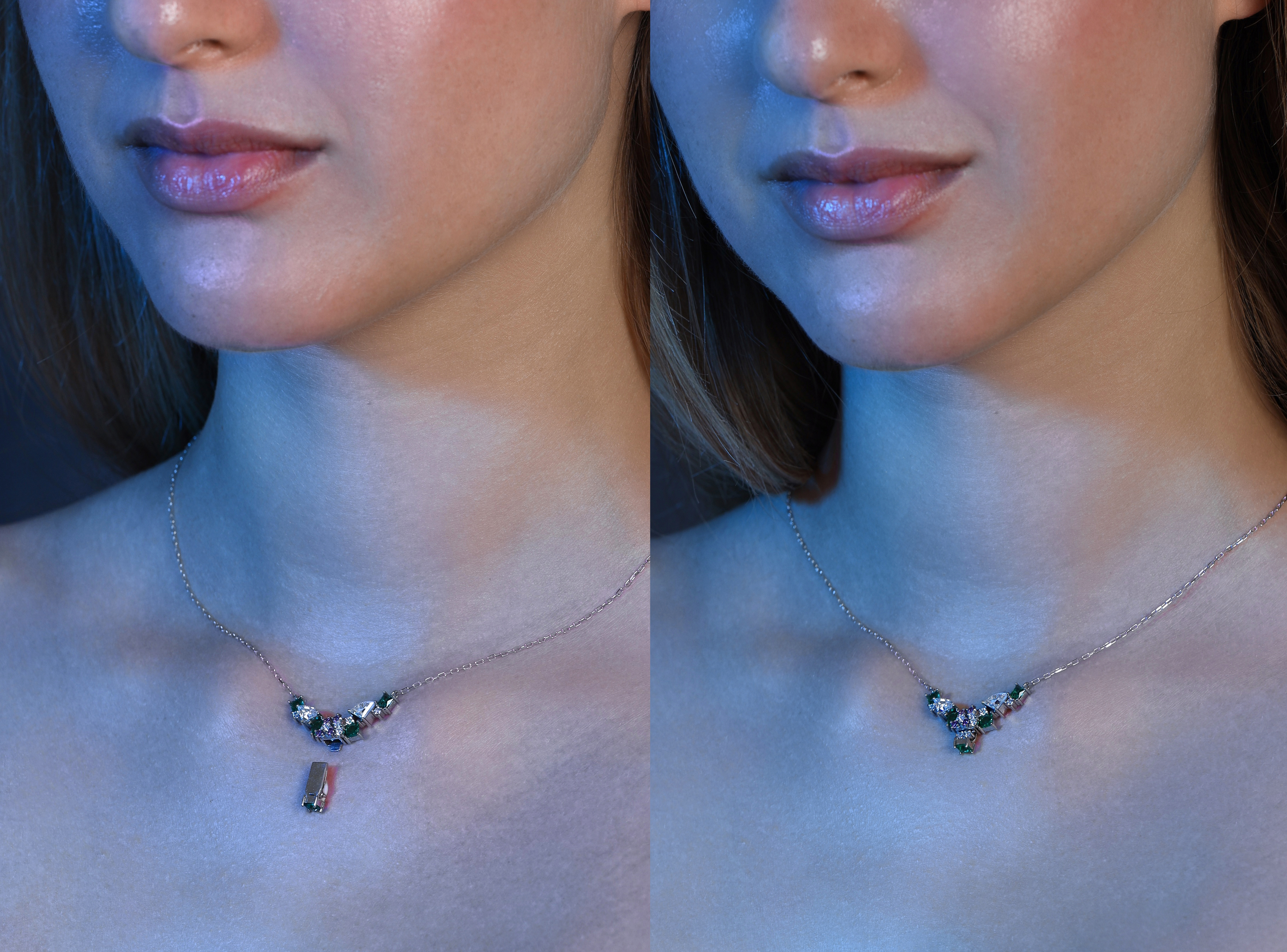 Two ways to wear it: the Tsuzuri necklace shown with and without its modular drop, revealing the collection’s quiet versatility.