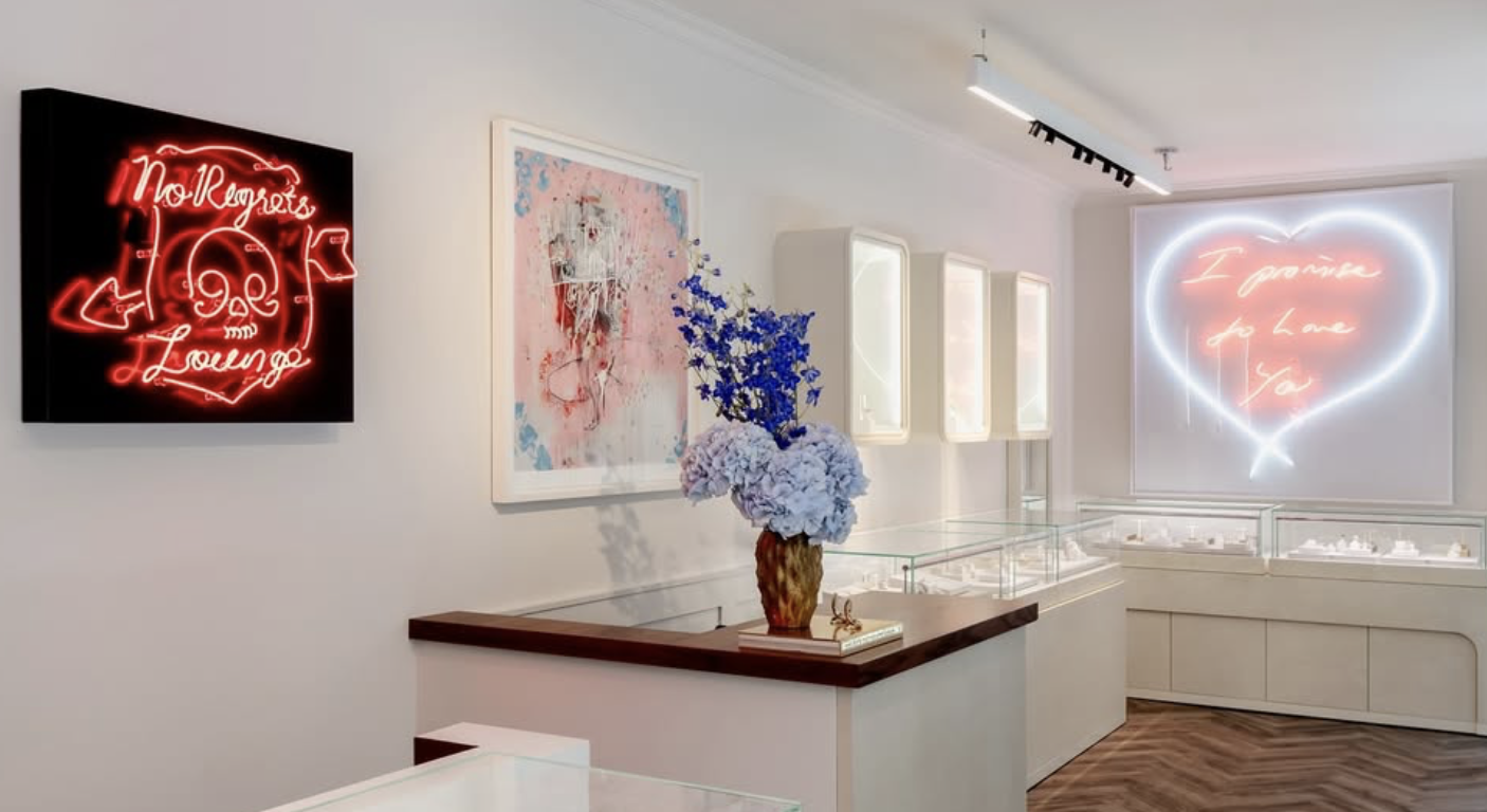 Where punk meets poetry—neon declarations, art-led interiors and a promise to love you (and serve a martini). Courtesy of @stephenwebsterjewellery on Instagram