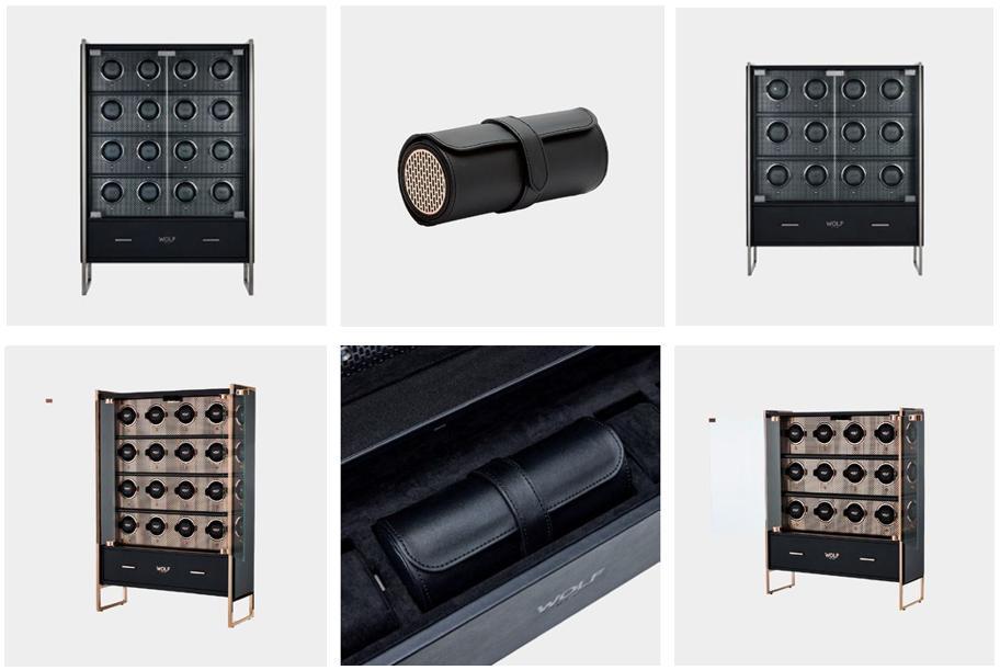 WOLF Axis watch-winder cabinets displaying multiple automatic watches.