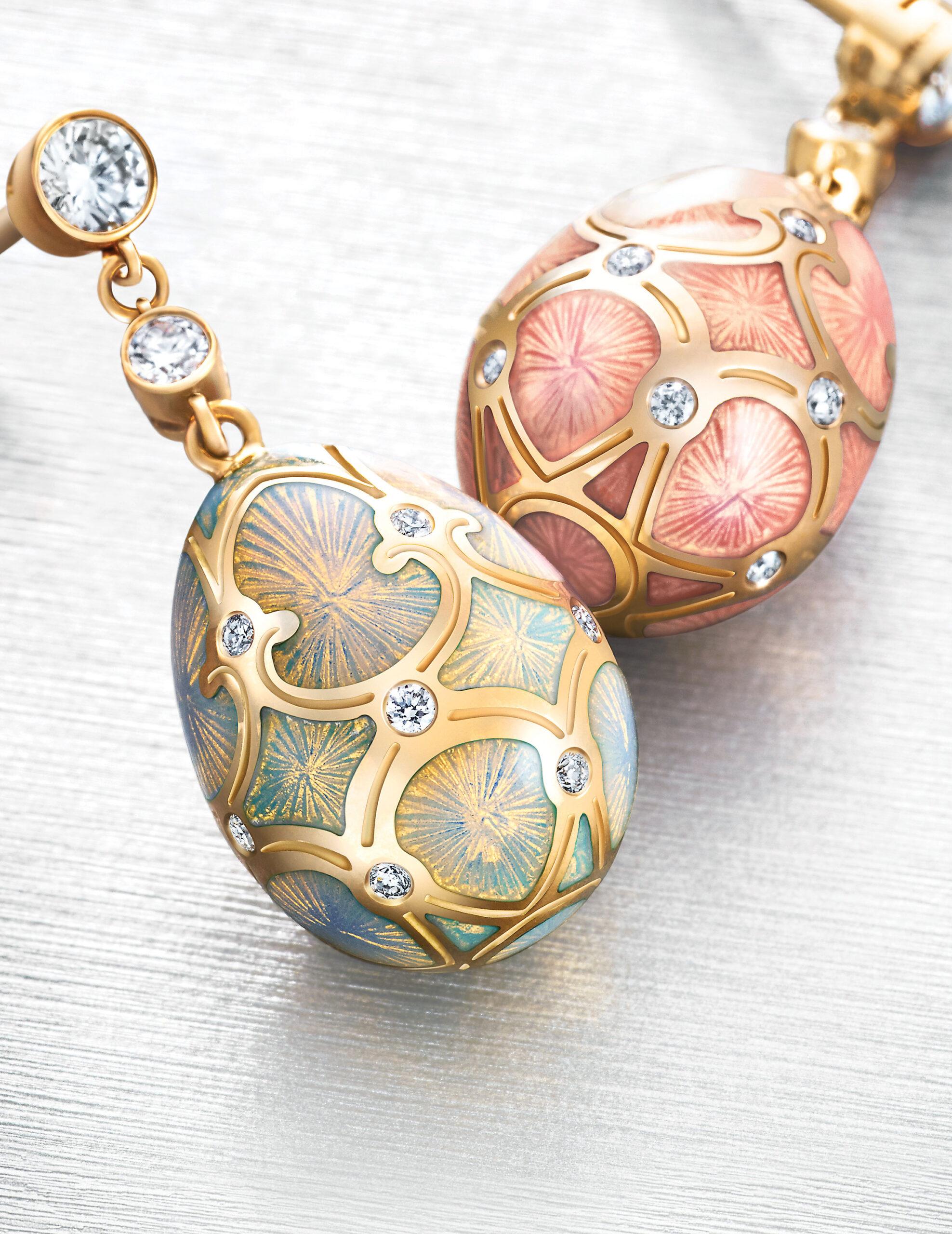 Faberg&eacute; Heritage egg pendants in gold with blue and pink guilloch&eacute; enamel and diamonds