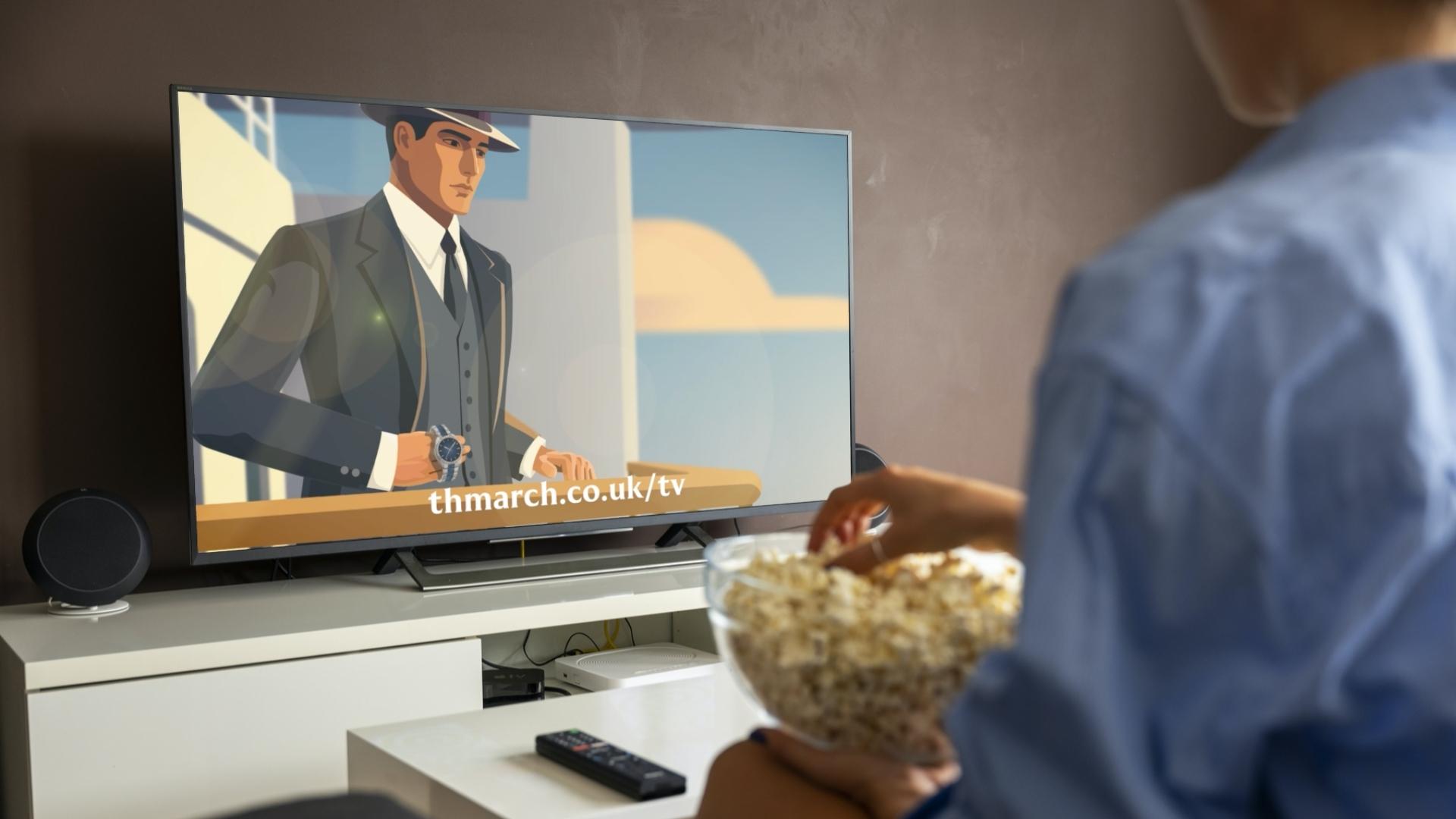A person holding a bowl of popcorn watches the animated TH March jewellery and watch insurance advert on television