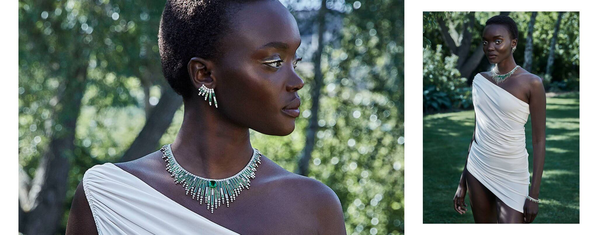 Emerald and diamond high jewellery from Garrard’s Couture collection — styled in a summer garden for the Dive In campaign