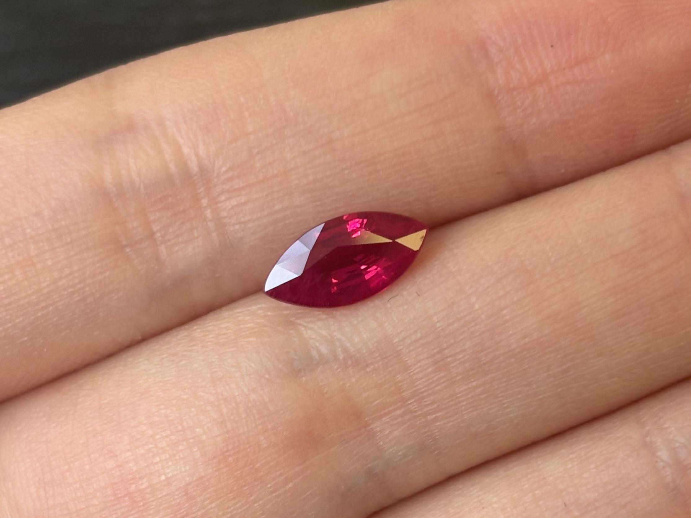 1.53ct Burmese marquise-cut natural ruby with vivid red colour and CDC certificate from CR Gems.