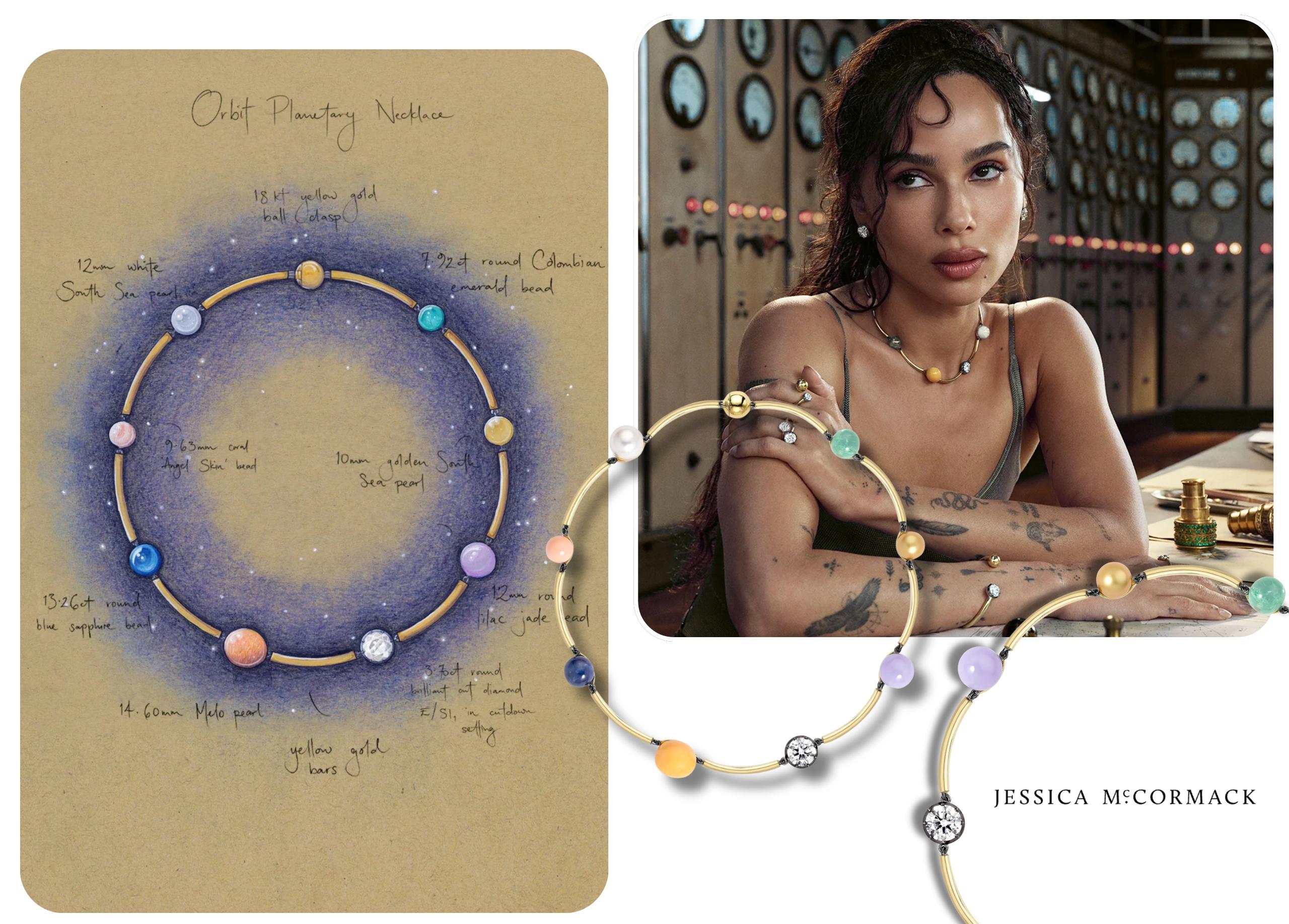 Jessica McCormack Orbit Planetary Necklace featuring coloured gemstone beads, pearls and diamonds arranged in a circular yellow gold design, worn by Zo&euml; Kravitz in the campaign imagery.