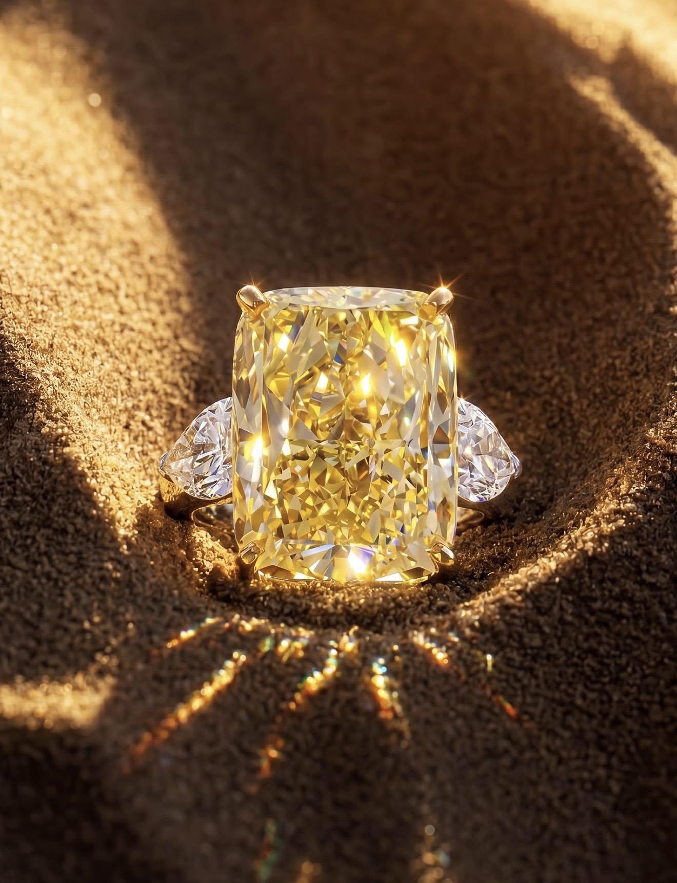 Radiant-cut fancy yellow diamond ring by Spitaleri Jewellers set in gold with white diamond side stones, photographed against warm golden sand.