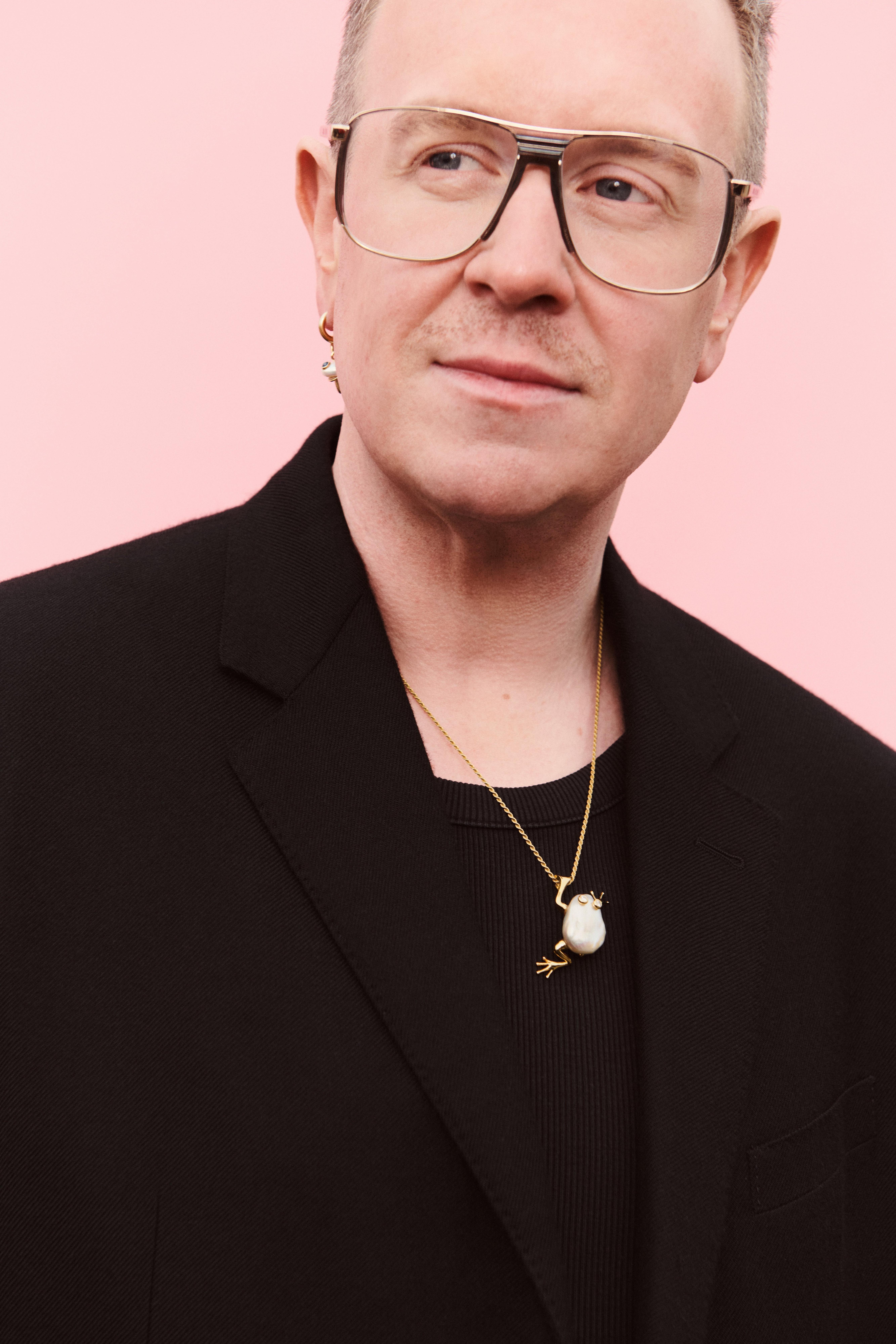 British stylist Harry Lambert wearing a Pandora Wonders freshwater pearl pendant from the debut limited-edition collection.