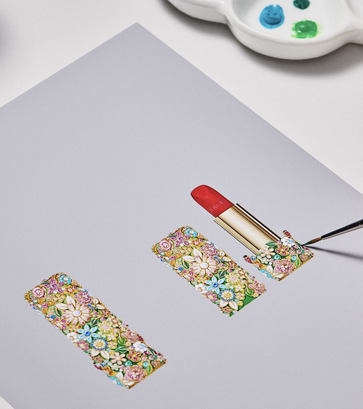 Artistic rendering of Dior’s Rouge Premier pendant lipstick in progress—illustrating the intricate floral design before it becomes reality. Imagery: Courtesy of Dior
