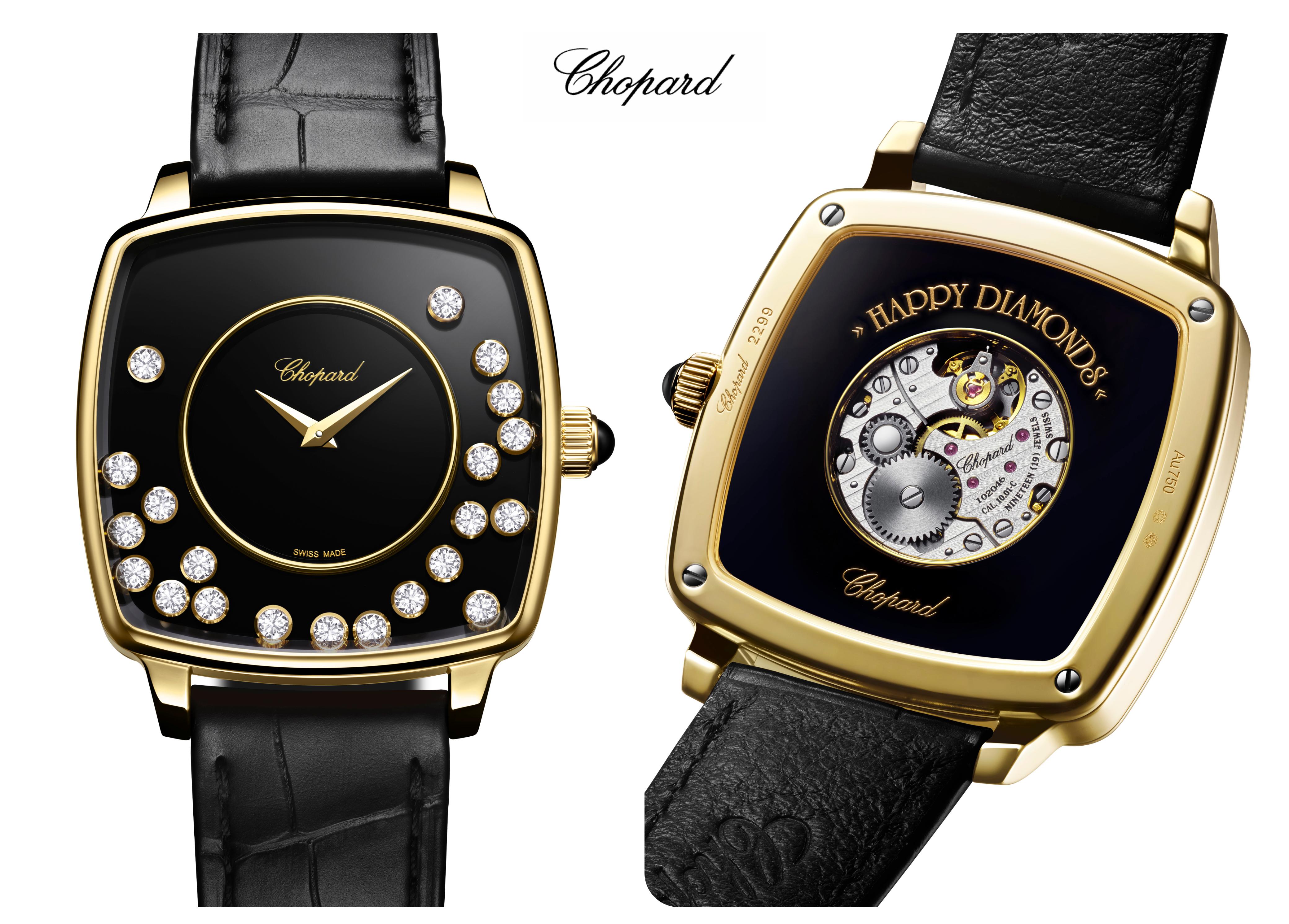 Front and back views of a square yellow gold Chopard Happy Diamonds Heritage watch with a black onyx dial, moving diamonds and black leather strap
