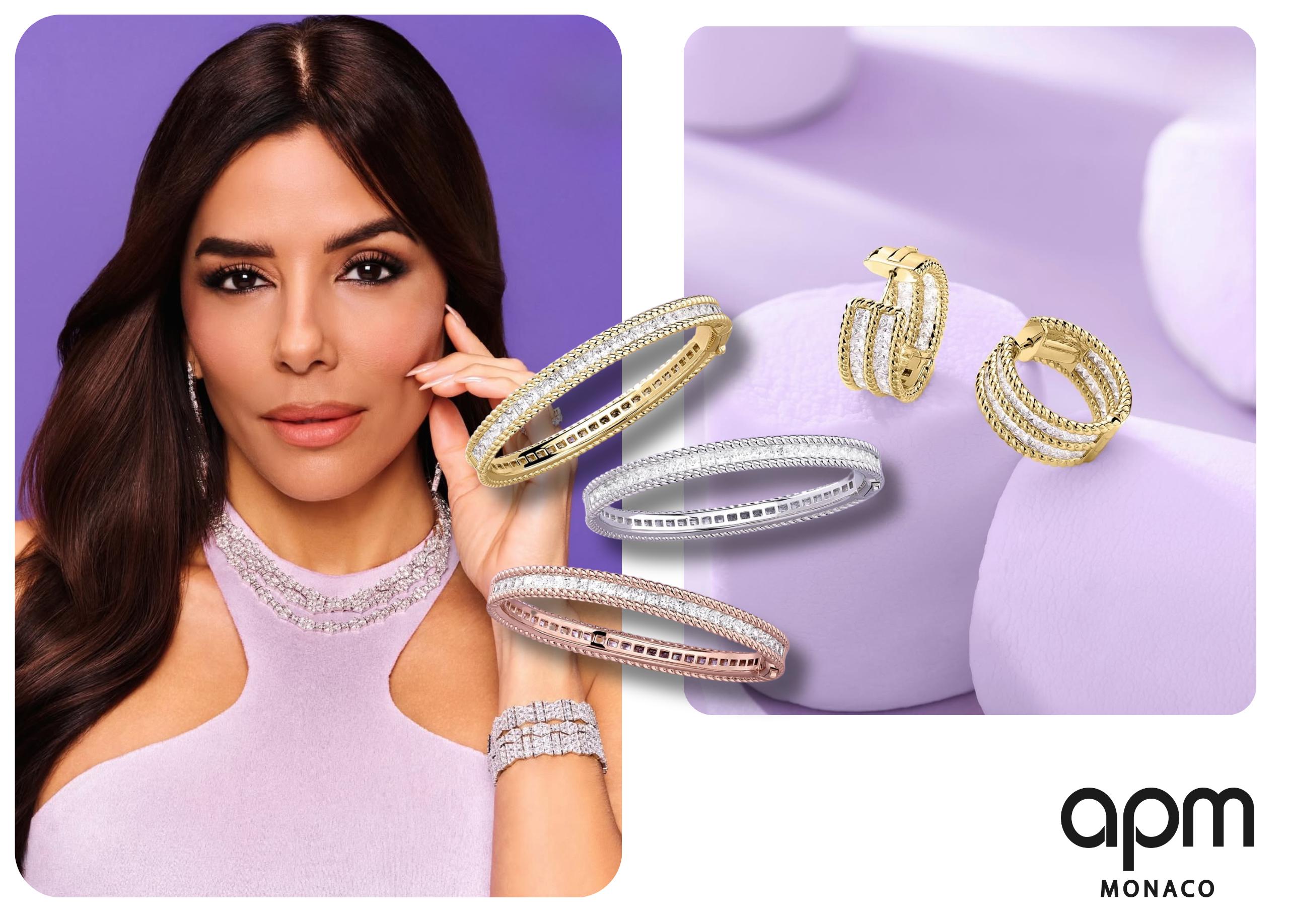 Eva Longoria wearing APM Monaco Printemps jewellery with Torsade Pavé bangles and hoop earrings on a lilac background.