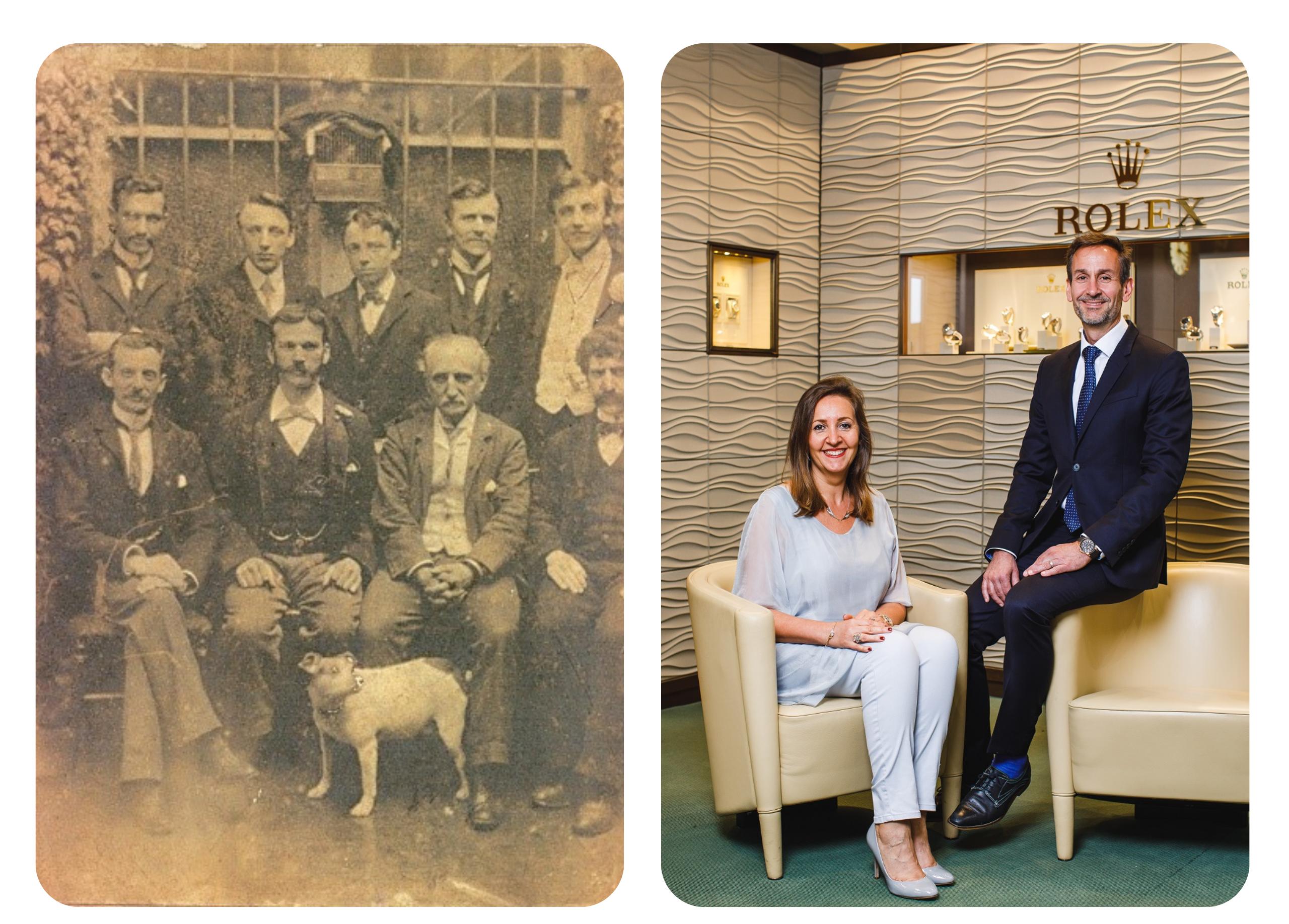 Archival 1901 photograph of John Wakefield with staff at Jury Cramp&rsquo;s Jewellers beside modern portrait of fourth-generation owners Melanie and Dominic Wakefield in the Rolex showroom.