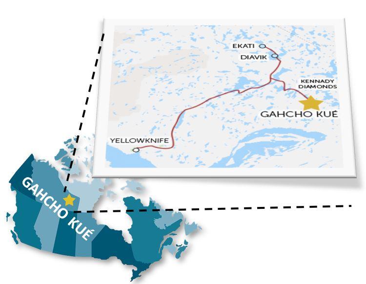 Map showing the location of the Gahcho Kué diamond mine northeast of Yellowknife, near Kennady, Diavik and Ekati in Canada’s Northwest Territories