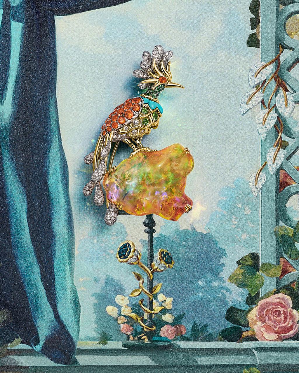 Tiffany & Co. Blue Book 2026 Paradise Bird brooch featuring a colourful gemstone centrepiece, diamond-set bird and vibrant enamel details inspired by Jean Schlumberger designs.