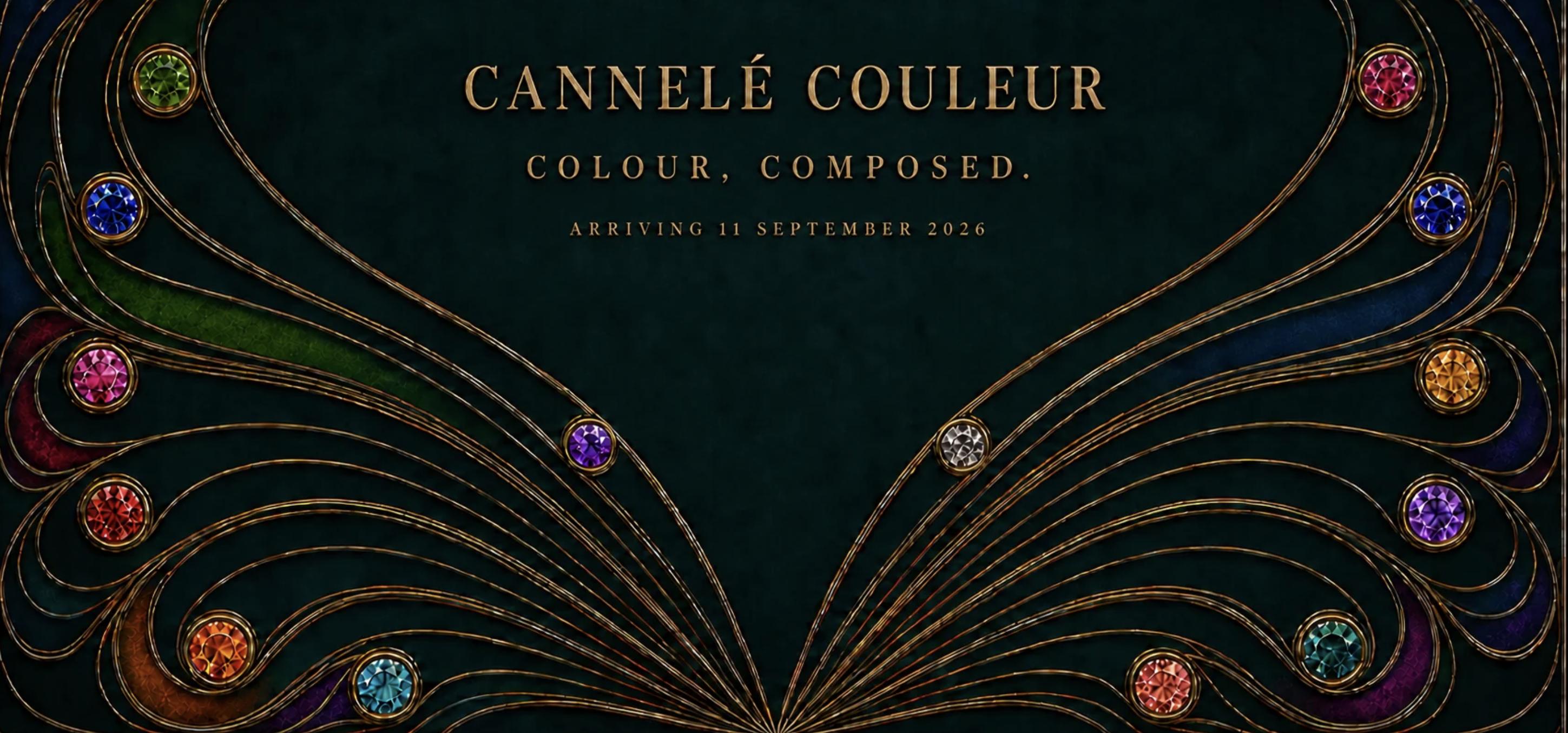 Cannelé Couleur campaign artwork with colourful gemstones and sweeping gold lines on a dark green background, announcing the collection’s arrival on 11 September 2026