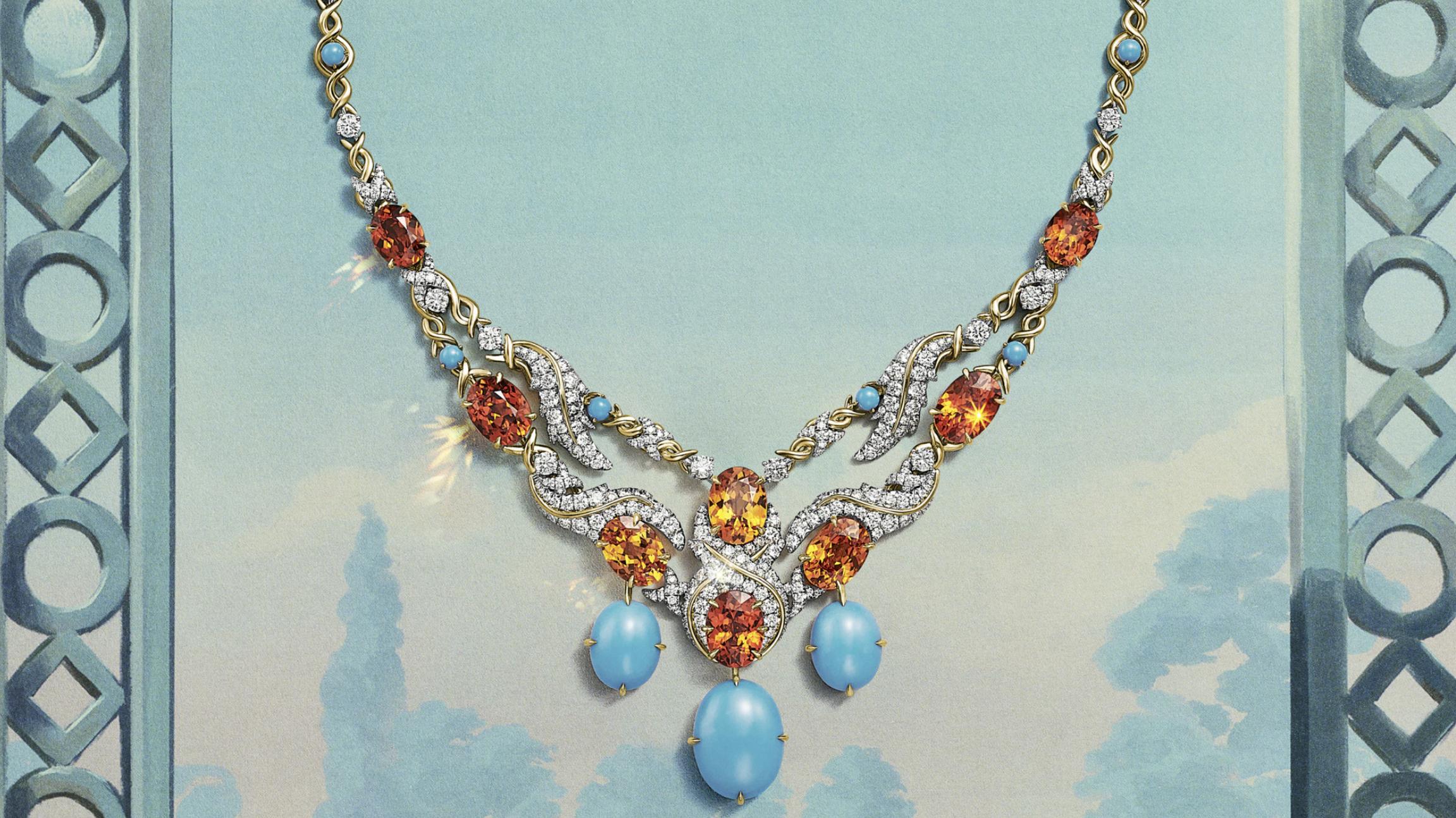 Tiffany Hanging Fruit necklace with orange gemstones, turquoise cabochons and diamonds displayed on a white bust
