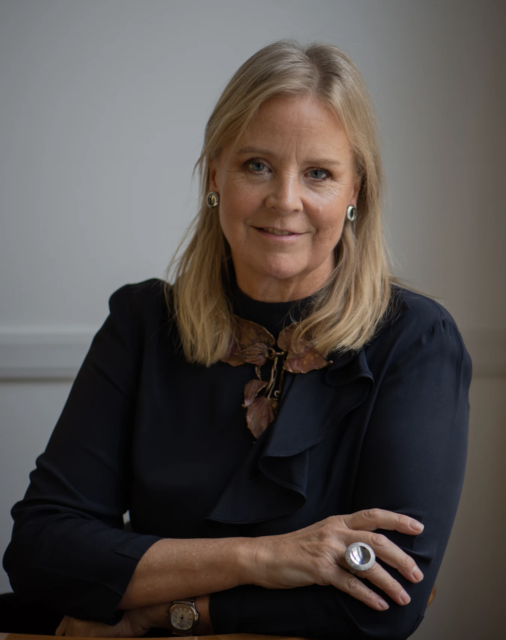 Louisa Guinness wearing jewellery by Anish Kapoor and Claude Lalanne. Ring and earrings by Kapoor; necklace by Lalanne. Photographed by Ryanna Allen, 2020.