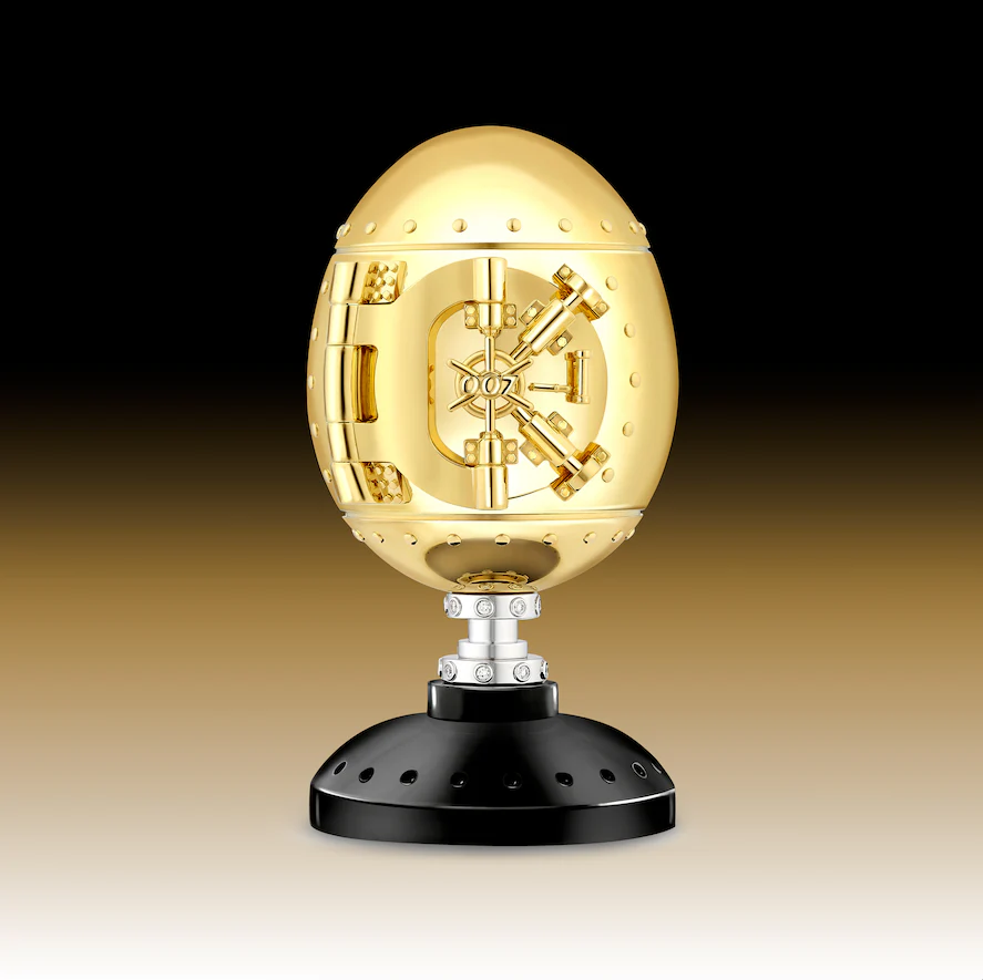 The Fabergé x 007 Goldfinger Egg Objet, shown sealed with its intricate vault mechanism — a tribute to Fort Knox and Bond’s most iconic villain. Imagery courtesy of Fabergé.