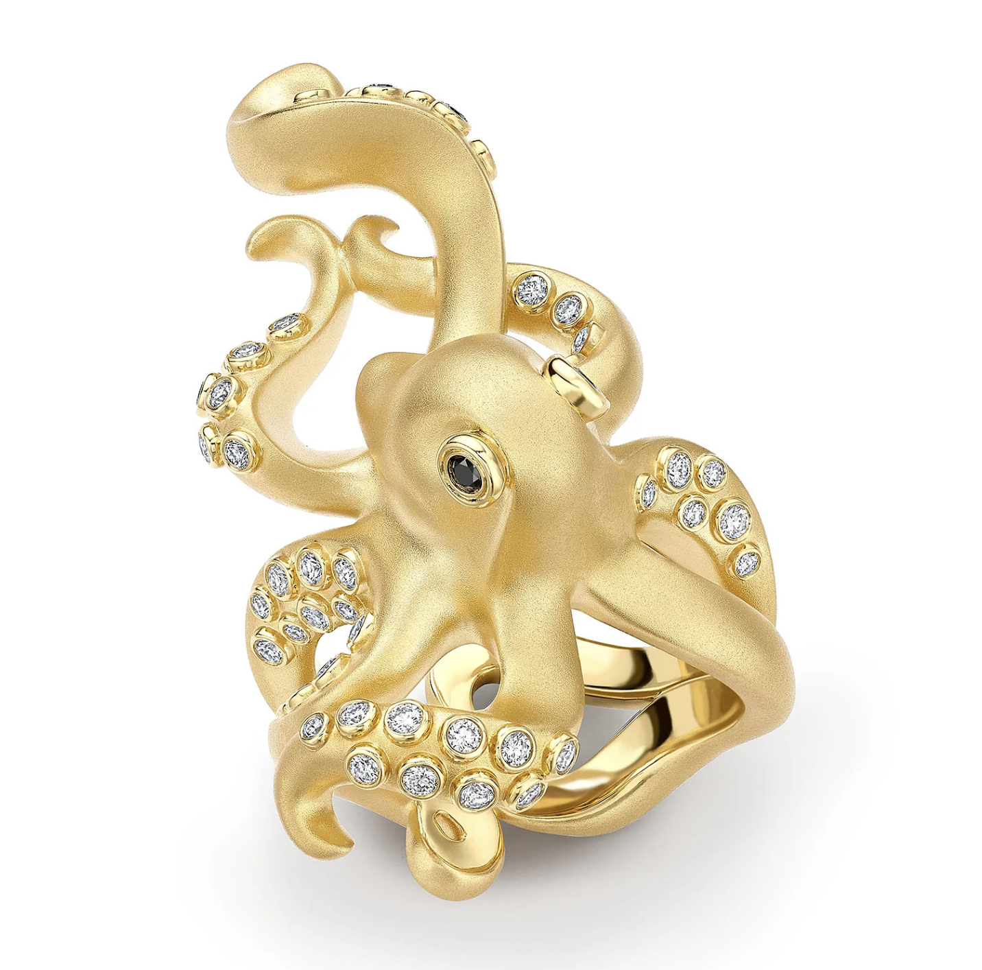 The Fabergé x 007 Octopussy Ring in 18k brushed yellow gold, set with white and black diamonds — a sculptural tribute to Bond’s most enigmatic femme fatale.