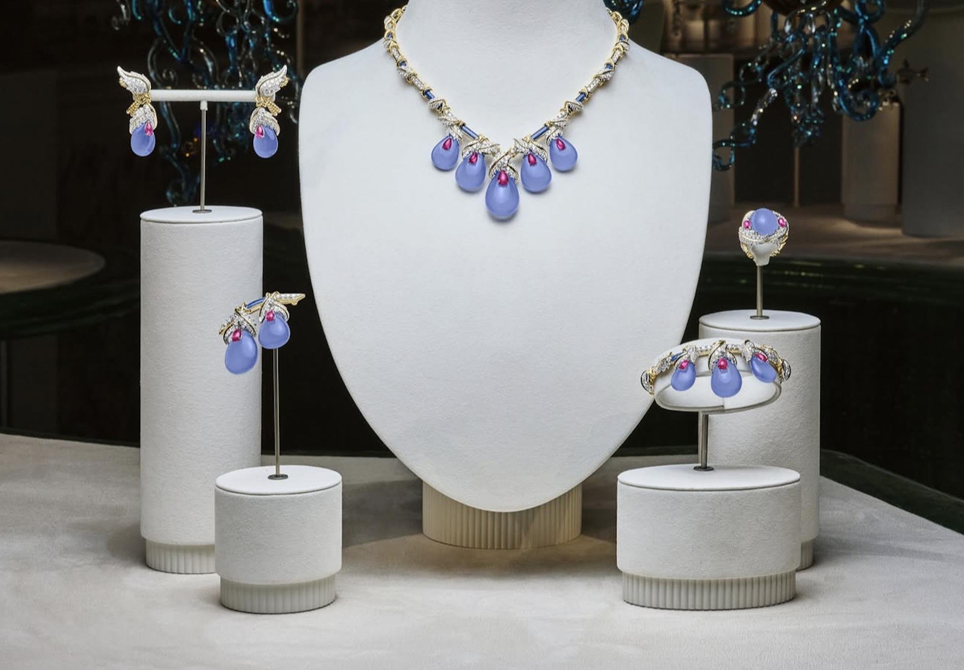 Tiffany necklace, earrings, bracelet and ring featuring lavender-blue cabochons, red gemstones and diamonds