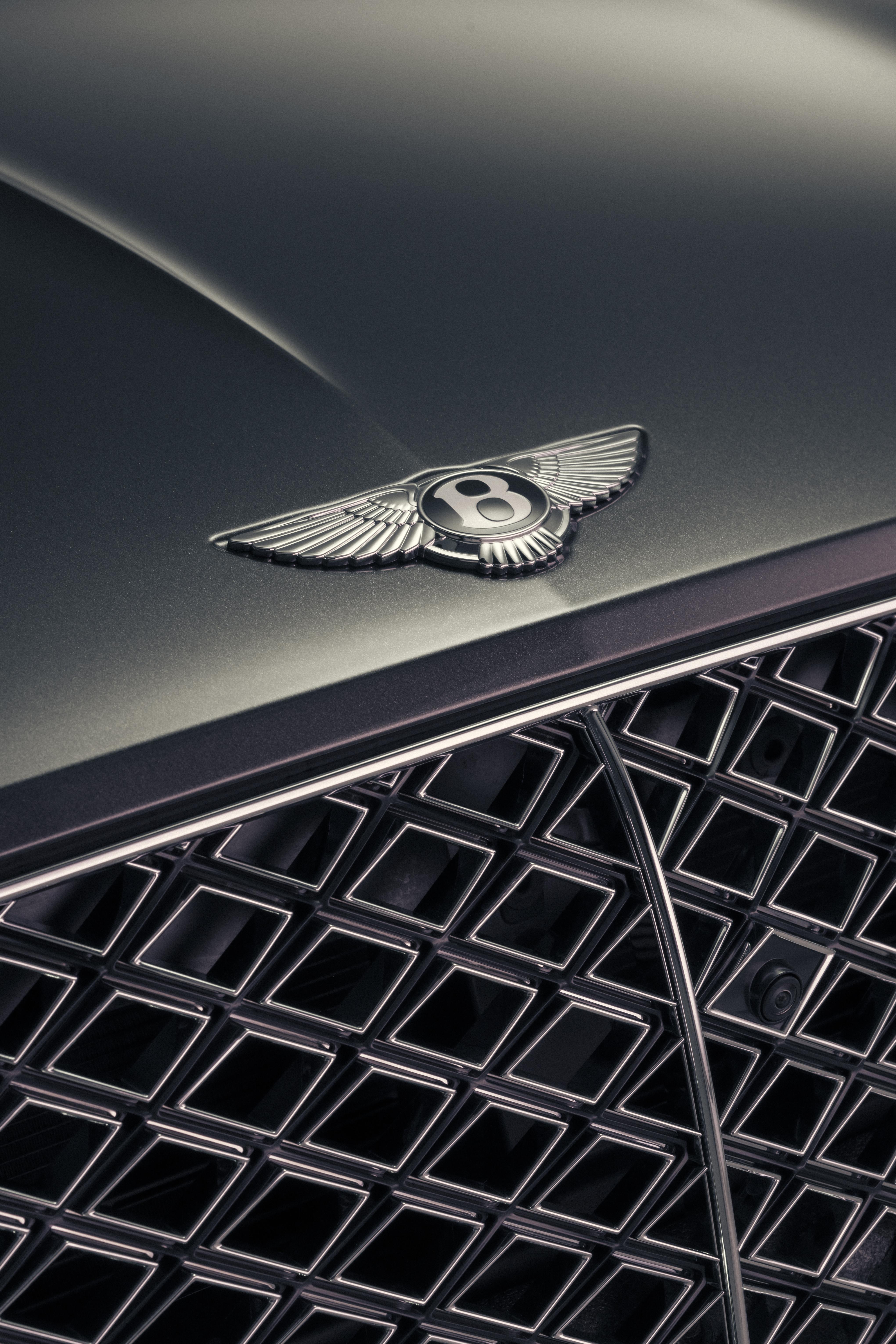 Close-up of Bentley winged emblem above front grille on a luxury car.