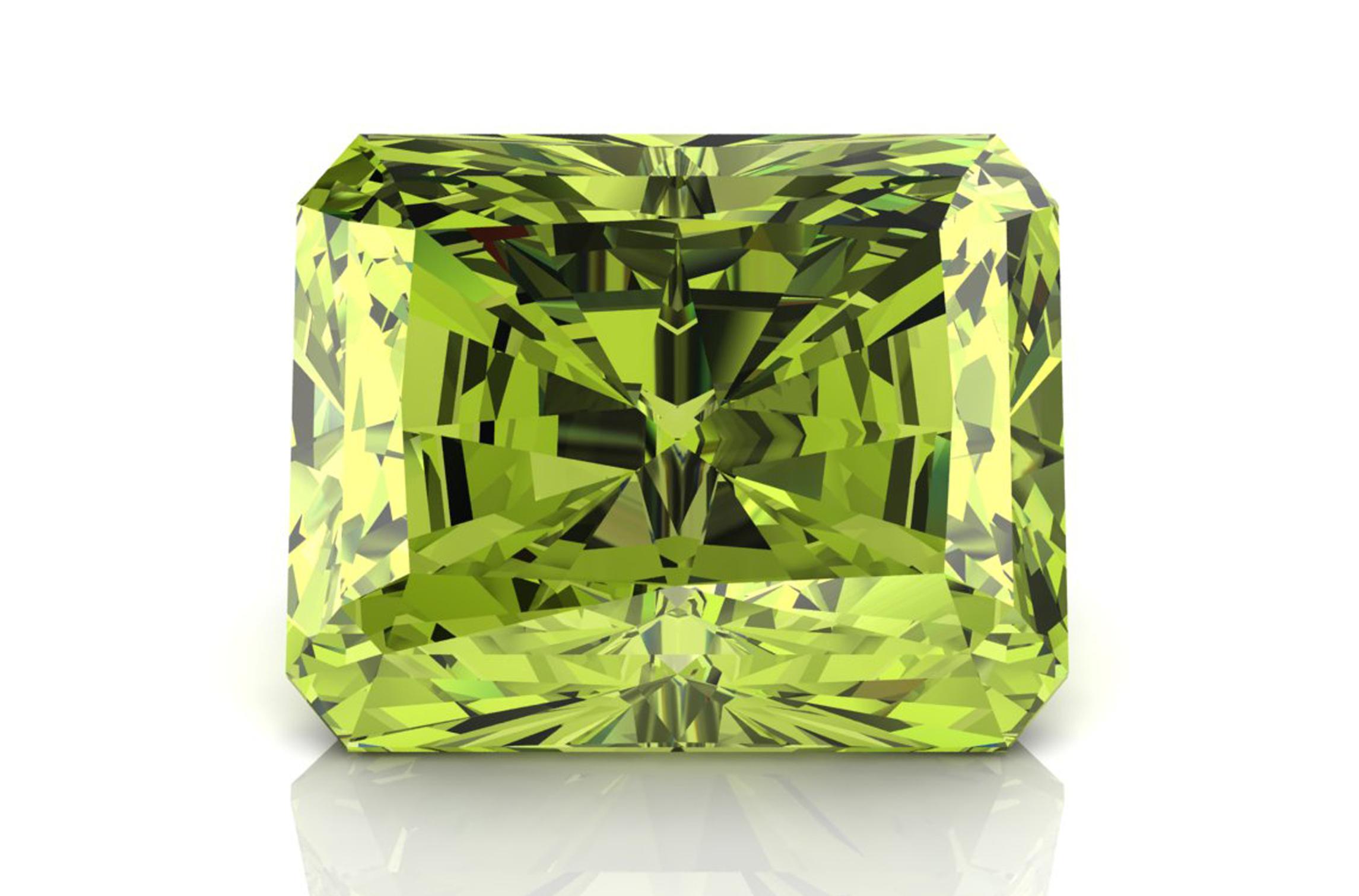 Close-up of a rectangular radiant-cut peridot with clipped corners, displaying a vivid yellow-green color and intricate faceting against a white background.