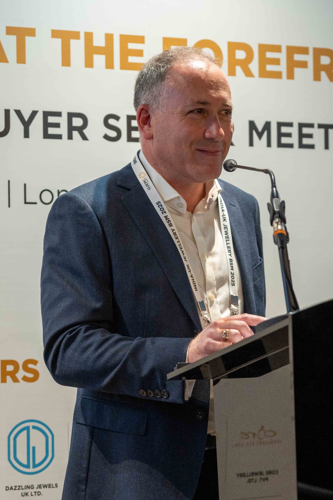 Howard Levine shares the story behind his new Seed of Life collection on stage at the GJEPC Buyer‑Seller Meet, highlighting the emotional power of lab-grown jewellery and his personal connection to India