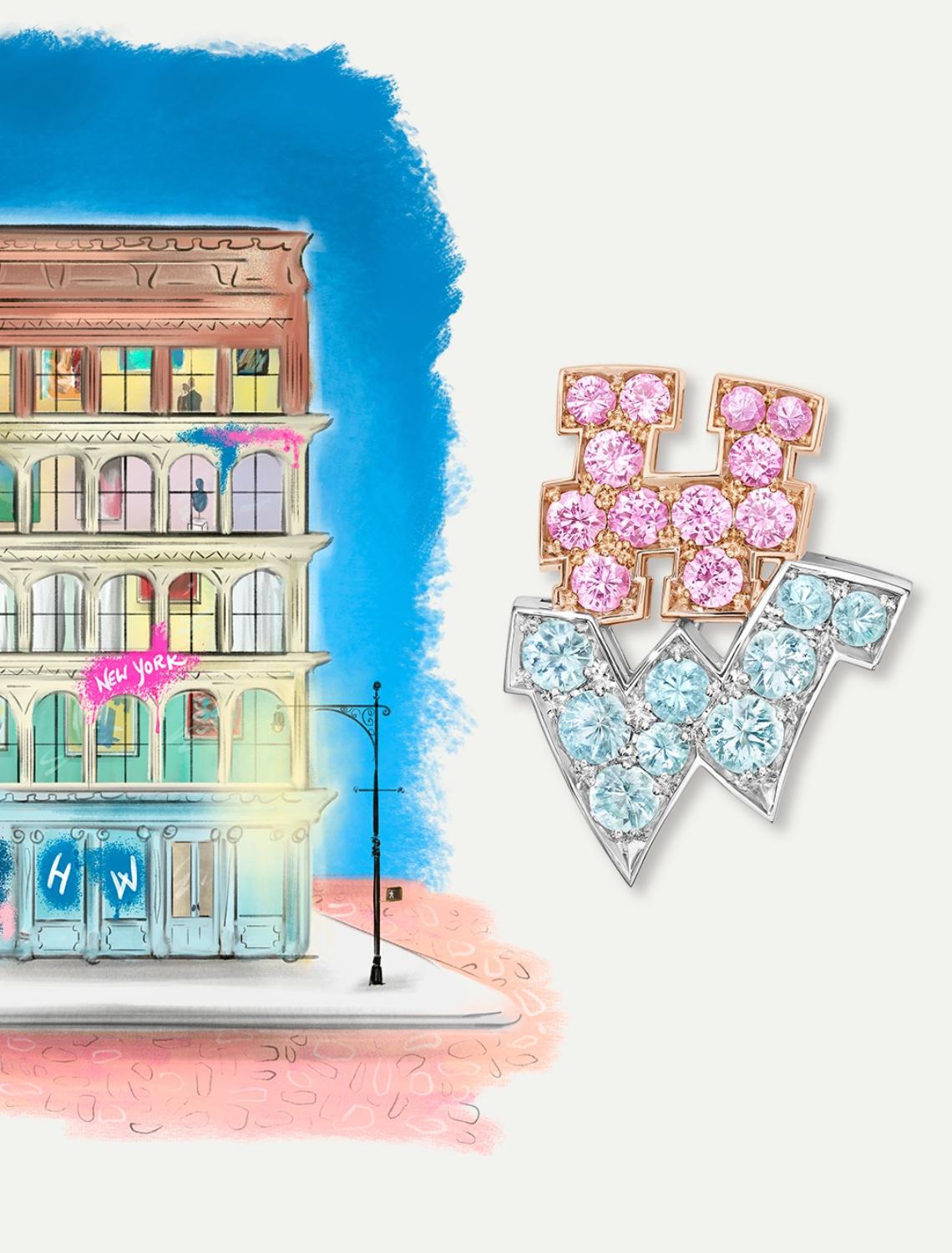 Illustrated New York building with graffiti details alongside a Harry Winston H.W. jewellery piece set with pink and blue gemstones.