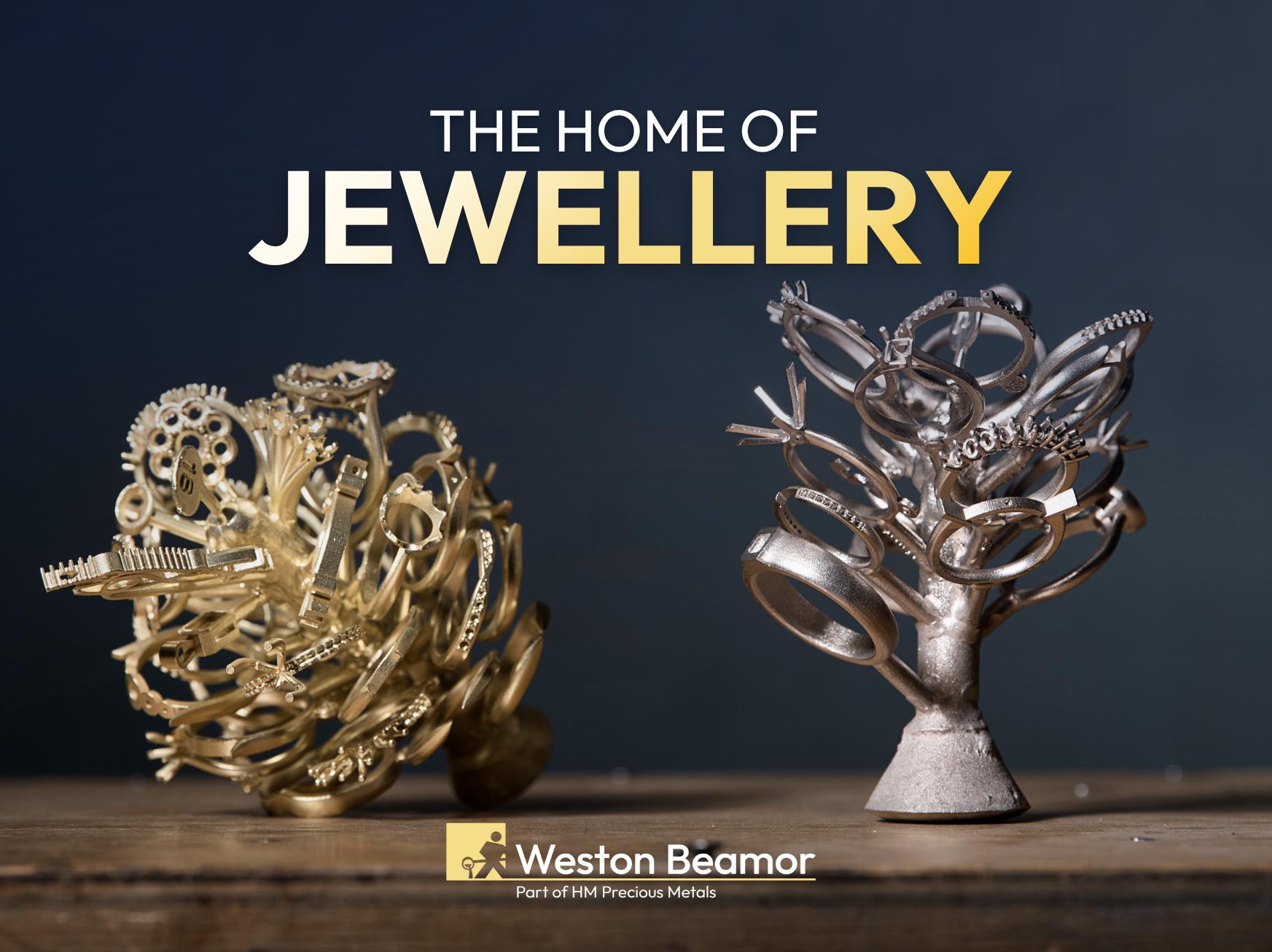 Weston Beamor graphic reading “The Home of Jewellery”, with gold and silver casting trees holding multiple ring mounts and jewellery components.
