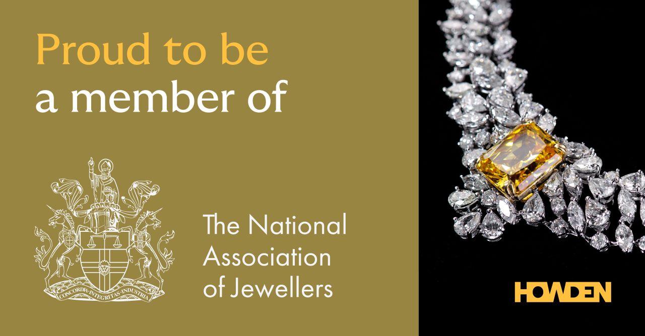 Howden graphic announcing its membership of the National Association of Jewellers beside a diamond necklace with a yellow gemstone