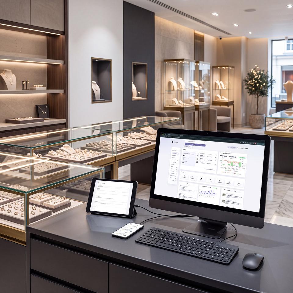 Stockbox retail management dashboard displayed on a desktop, tablet and smartphone inside a jewellery store.