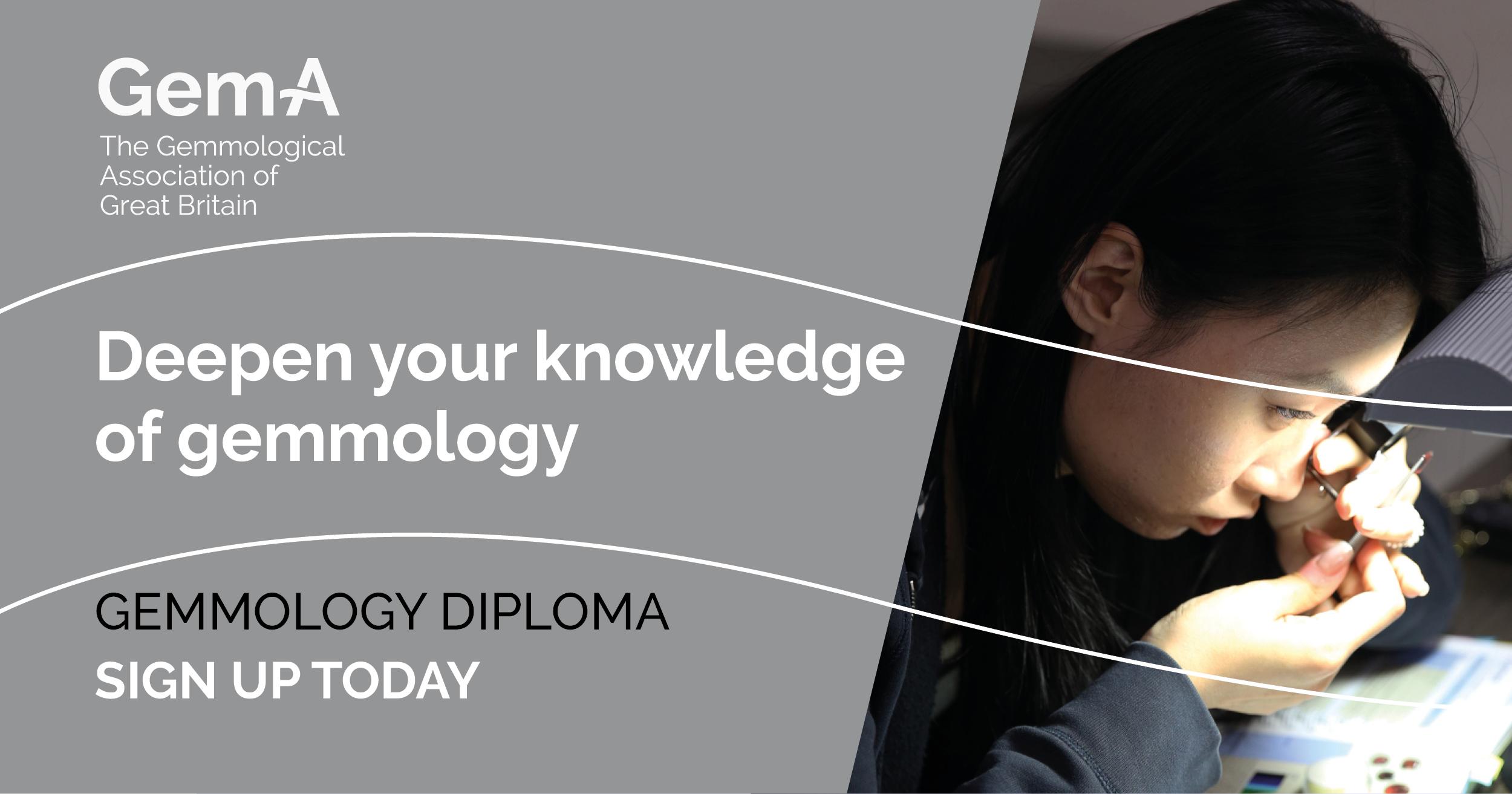 Gem-A promotional graphic for the September 2026 Gemmology Diploma, showing a student examining a gemstone with a loupe.