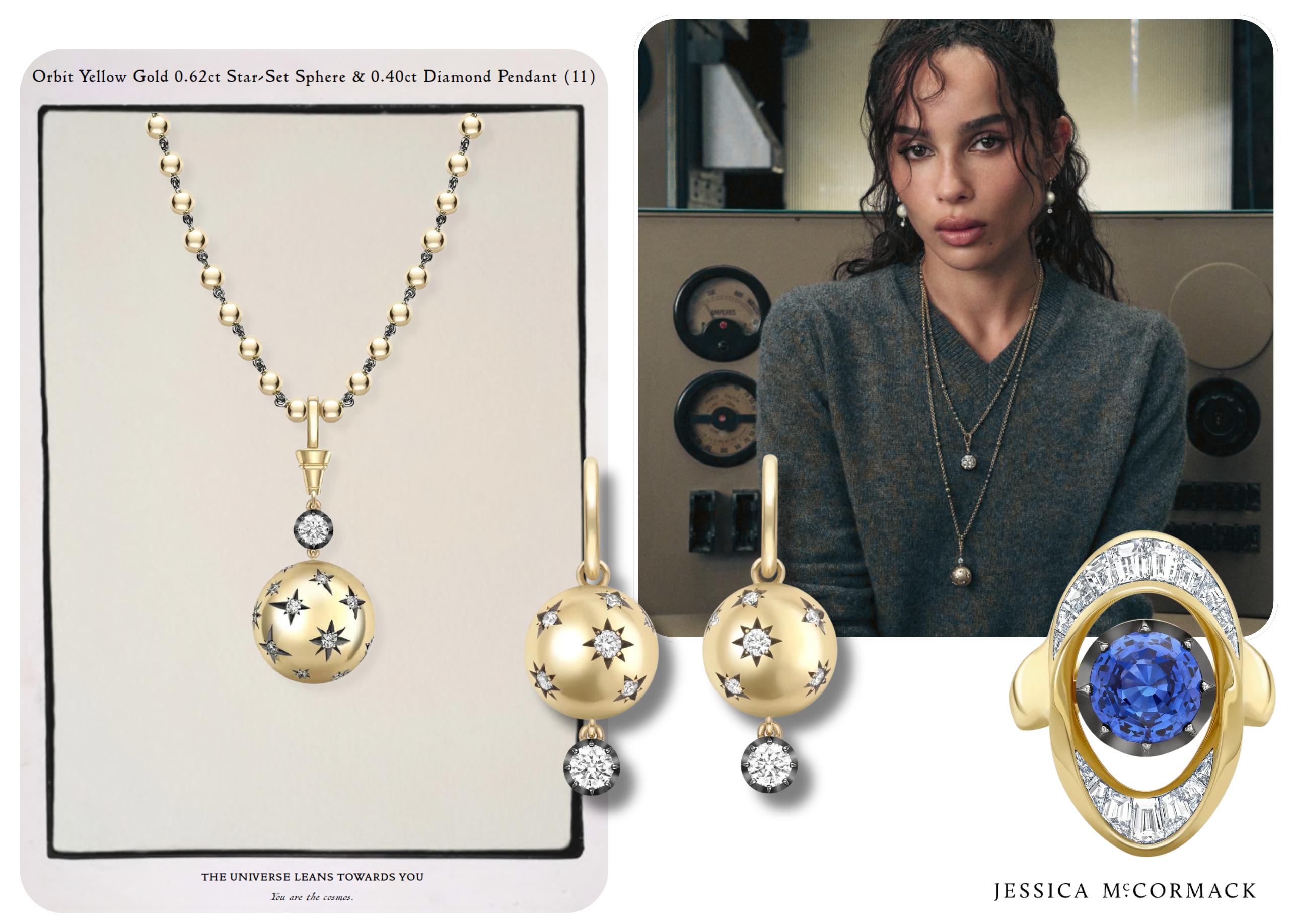 Jessica McCormack Orbit star-set sphere pendant and earrings in yellow gold with diamond star motifs, worn by Zo&euml; Kravitz in the campaign imagery.